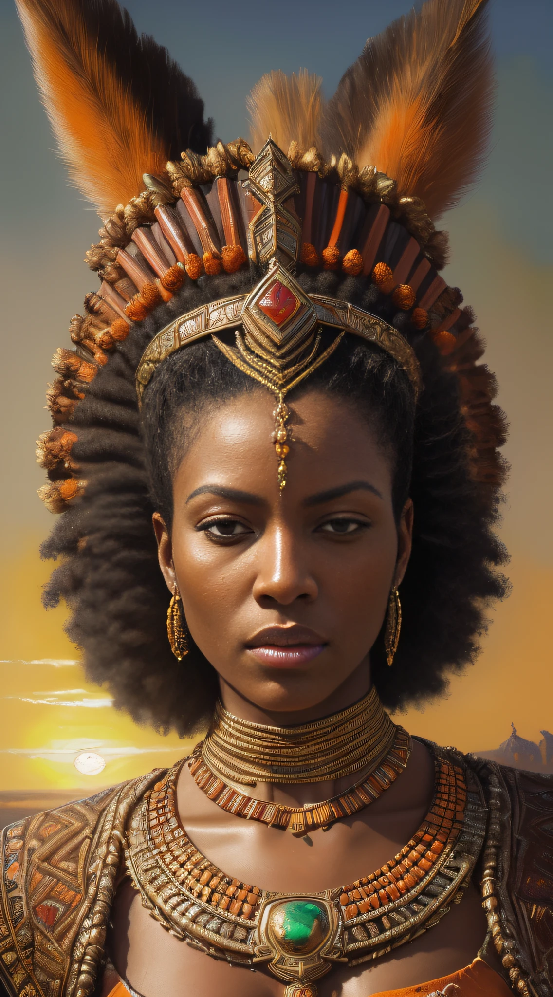(masterpiece, UHD, oil painting, realistic, Greg Rutkowski style:1.3), Queen Nzinga, (17th-century African warrior attire:1.2), adorned with tribal jewelry, fierce expression, wielding a spear, African savannah background, setting sun, (warm hues of orange and red:1.2), detailed textures, rich colors, imposing presence, full body view, looking at viewer.