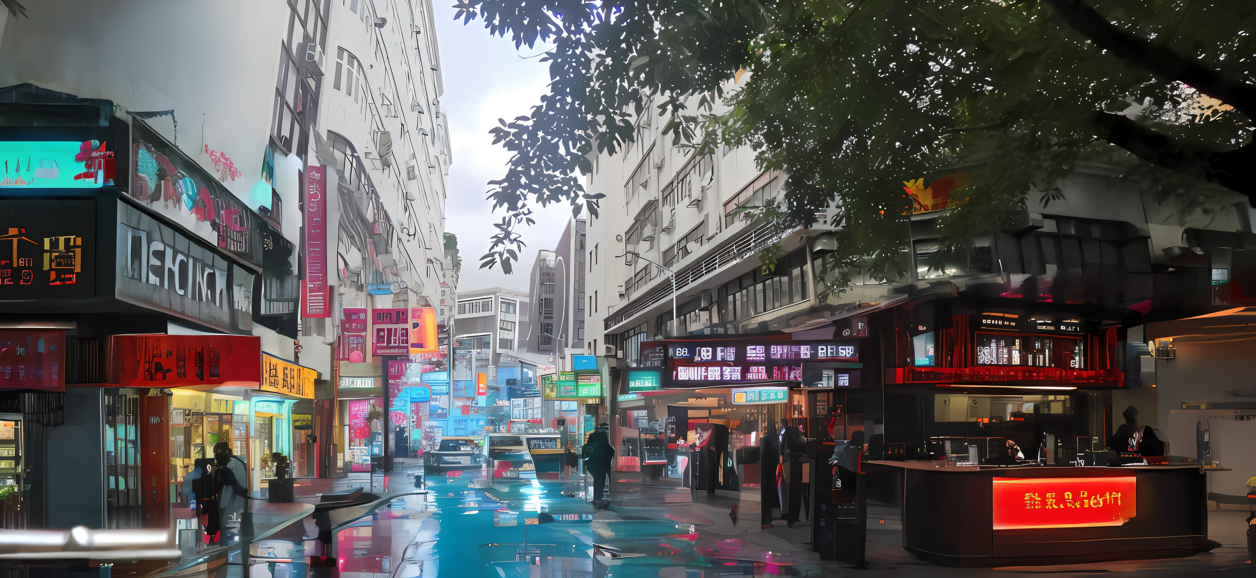 Hong Kong-style bar,street of hong kong,Open bar,neonlight,Large signboard,ellegance,upscales,There is taste,extreme hight detail,Warm and warm light