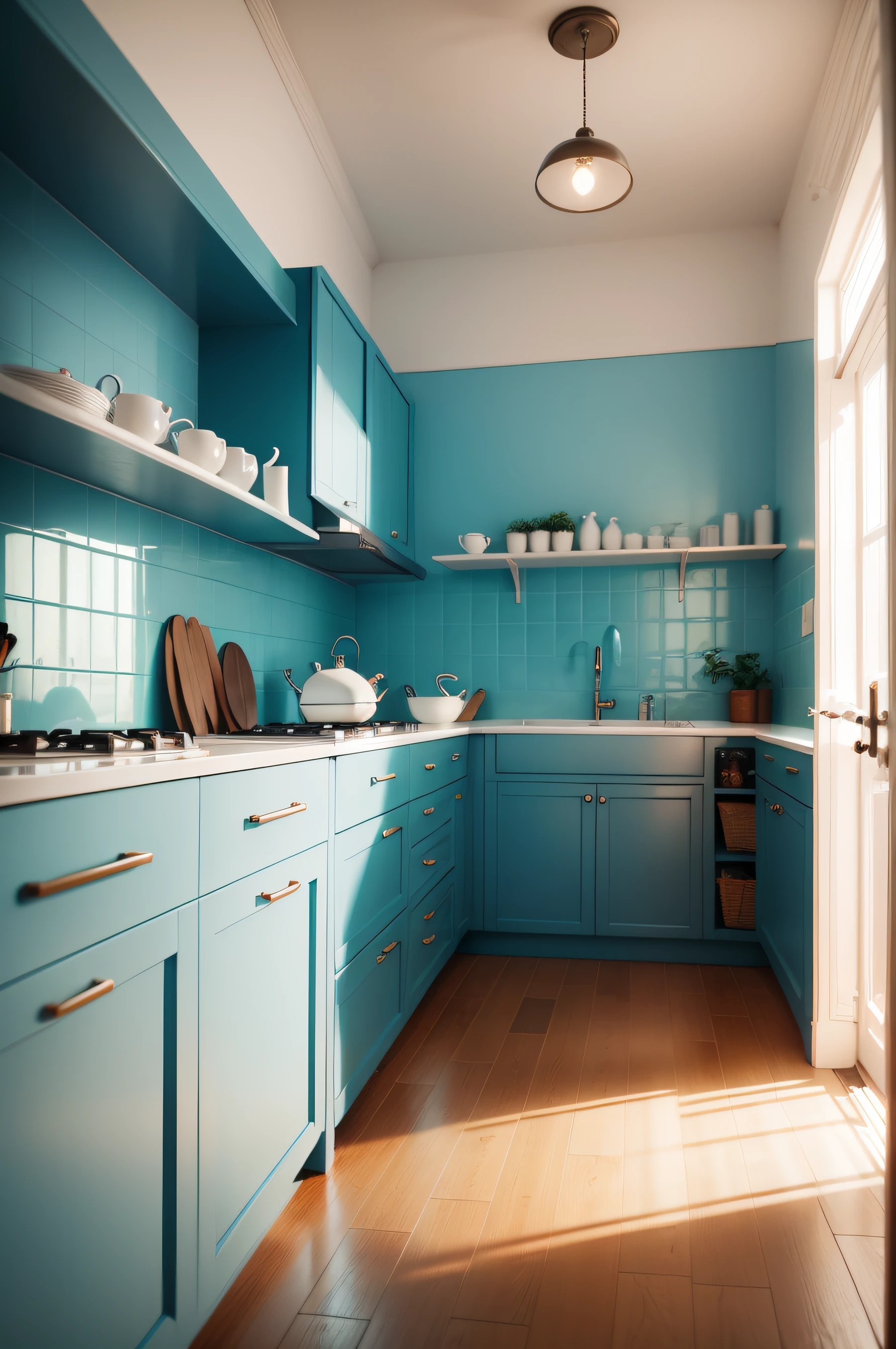 Cozinha moderna vintage azul bem claro,parede branco,piso porcelana marrom