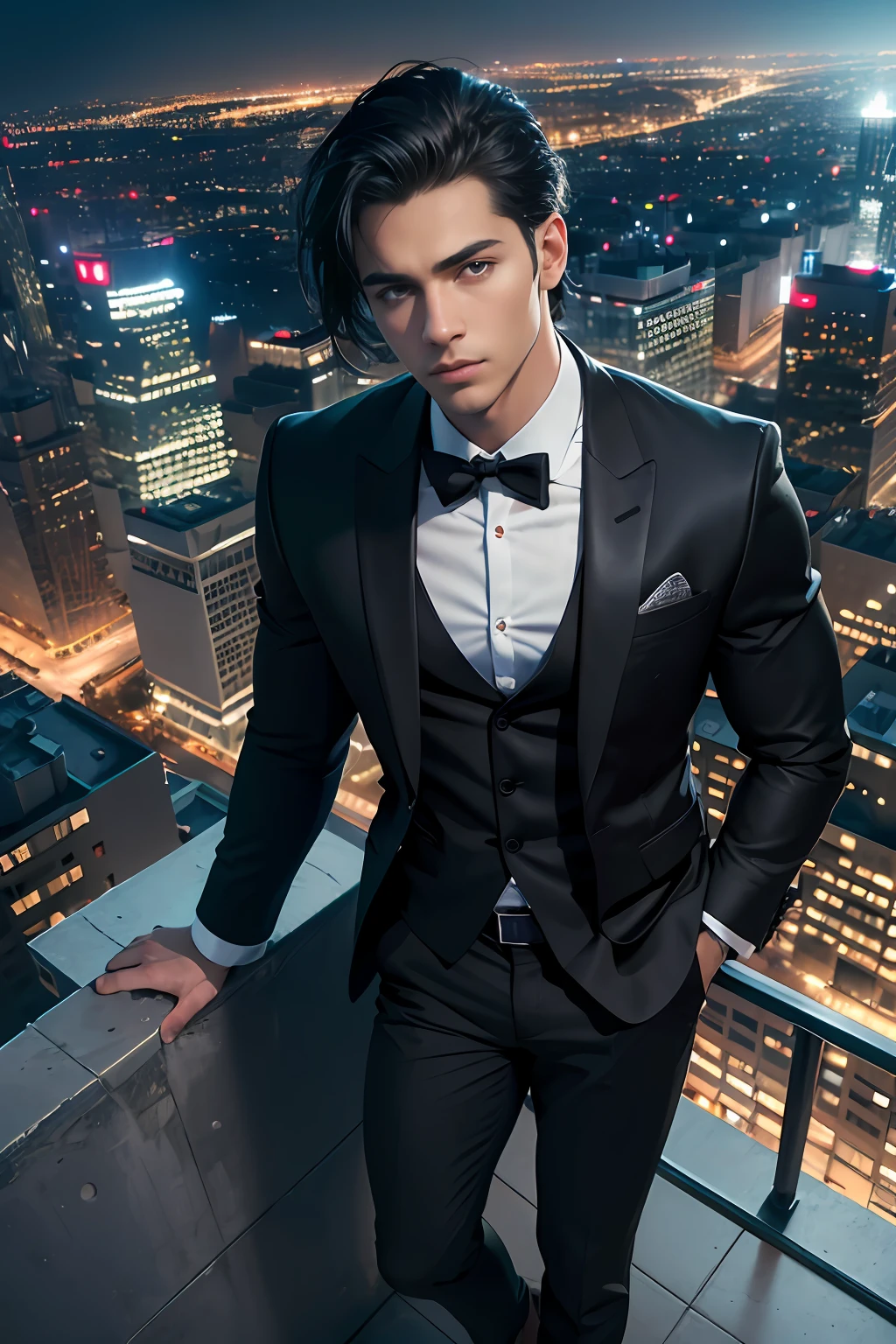 Best quality, masterpiece, ultra high res, (photorealistic:1.4), detailed face, detailed eyes, raw photo, young handsome male, black hair, full body, view from top, (night city background:1.2)