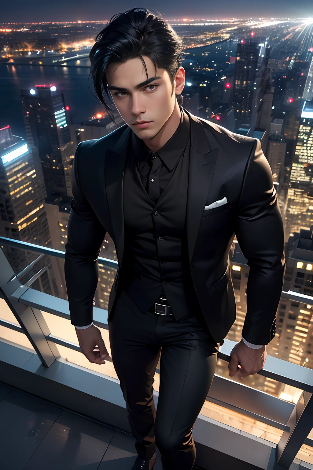 Best quality, masterpiece, ultra high res, (photorealistic:1.4), detailed face, detailed eyes, raw photo, young handsome male, black hair, full body, view from top, (night city background:1.2)