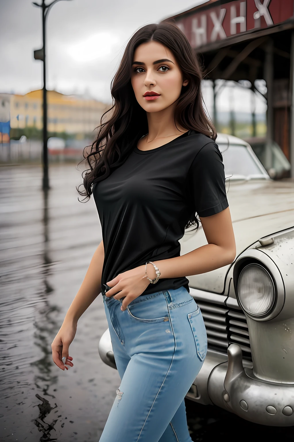 ((Best Quality, 8k, Masterpiece:1.3)), Focus: 1.2, Perfect Body Beauty: 1.4, Arabian 27 years old woman: 1.2, ((Black short curly Hair)), Round neck regular fit basic tee-shirt:1.1), no print on Teeshirt, basic full body length regular fitting tee-shirt, Blue skin fit jeans, long skinny jeans: 1.1, short sleeves black regular tee-shirt, Highly detailed face and skin texture, Detailed eyes, Double eyelids, toned body, Whitened skin, serious mood, large toned breasts, toned firm legs, high heel's, whitened skin, detailed black eyes, black wavy hairstyle, detailed face, middle eastern woman, baggy medium size basic tee-shirt, simple plain Baggy Tee-shirt, toned firm hips, 8K UHD, Silver anklet, model looks, war area, ruined city, Stalingrad, Russia, rainy weather, dark clouds, silver wrist watch, Silver bracelet, Silver bangle's, open legs style Posing, old gas station, standing at wall, Red high heels, detailed beautiful feets, detailed feets fingers and shape, rainy atmosphere, wet roads, damaged buildings, model shoot style, she's, old wooden chair, dusty and Smokey environment, raining, collapse vintage cars, damages vintage cars, war zone, old Russia, Stalingrad