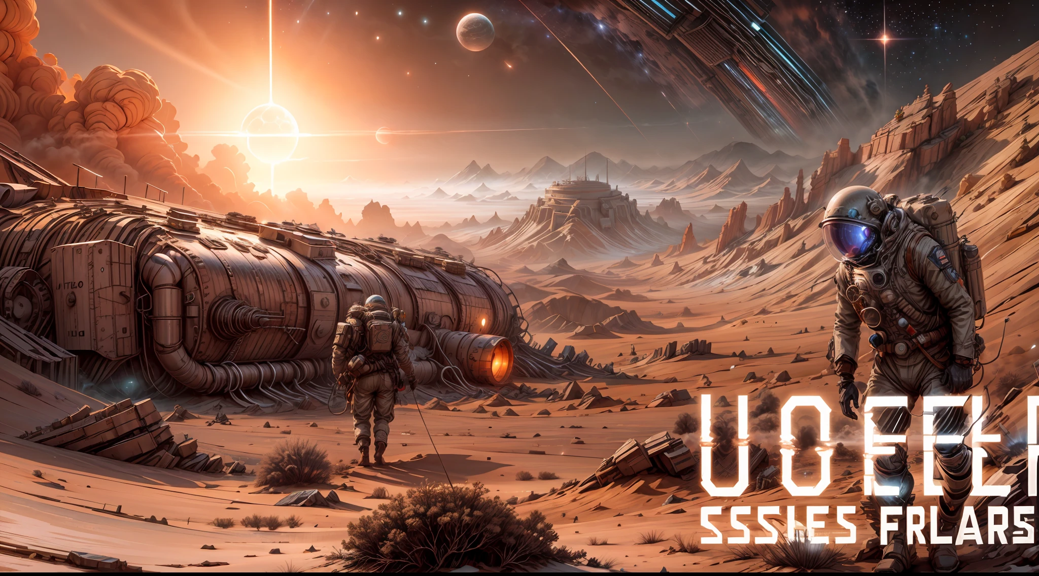Explore a distant and unknown world where a brave crew fights to survive on an alien planet, inspired by the movie "Interstellar." Describe, in rich detail, the mysterious landscape of this planet, with vast horizons and a starry sky that embraces the unknown. Introduce the crew, made up of fearless scientists and explorers, who face the challenges of this alien environment in search of a new home for humanity. Detail the advanced technologies they use, from smart spacesuits to exploration vehicles, that help them brave the extreme conditions of this hostile planet. Immerse yourself in the thrilling experiences the crew faces, such as devastating sandstorms, dangerous alien creatures, and the search for resources essential to their survival. Also explore the ethical dilemmas and interpersonal relationships that arise in this extreme context, underscoring the resilience and team spirit of the crew. This is an engaging narrative about courage, discovery, and the quest for survival on an alien planet, where hope and determination are the only anchors in a vast and challenging universe. Get ready to venture beyond the horizon on a journey filled with mysteries and intense emotions alongside this surviving crew! 4K, Full HD, Realism, 3D, 8K,