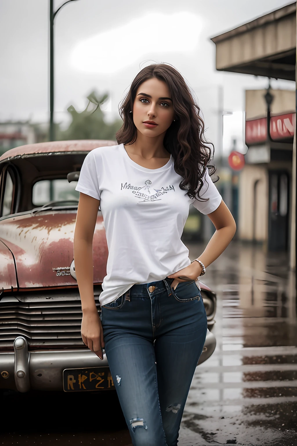 ((Best Quality, 8k, Masterpiece:1.3)), Focus: 1.2, Perfect Body Beauty: 1.4, Arabian 27 years old woman: 1.2, ((Black short curly Hair)), Round neck regular fit basic tee-shirt:1.1), no print on Teeshirt, basic full body length regular fitting tee-shirt, Blue skin fit jeans, long skinny jeans: 1.1, short sleeves black regular tee-shirt, Highly detailed face and skin texture, Detailed eyes, Double eyelids, toned body, Whitened skin, serious mood, large toned breasts, toned firm legs, high heel's, whitened skin, detailed black eyes, black wavy hairstyle, detailed face, middle eastern woman, baggy medium size basic tee-shirt, simple plain Baggy Tee-shirt, toned firm hips, 8K UHD, Silver anklet, model looks, war area, ruined city, Stalingrad, Russia, rainy weather, dark clouds, silver wrist watch, Silver bracelet, Silver bangle's, open legs style Posing, old gas station, standing at wall, Red high heels, detailed beautiful feets, detailed feets fingers and shape, rainy atmosphere, wet roads, damaged buildings, model shoot style, she's, old wooden chair, dusty and Smokey environment, raining, collapse vintage cars, damages vintage cars, war zone, old Russia, Stalingrad