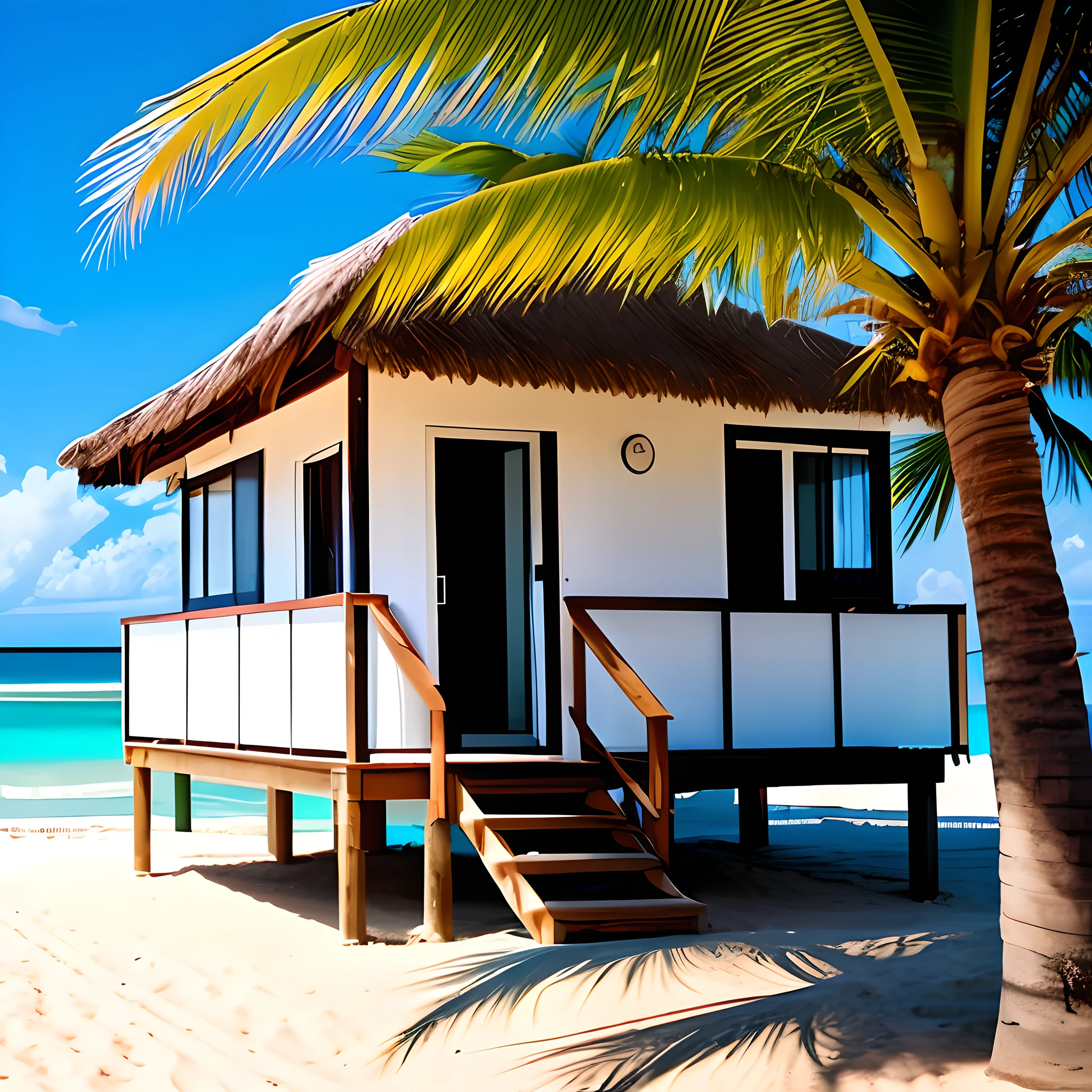 Young and beautiful woman in a tropical paradise with tourist cabins a beach and palm trees