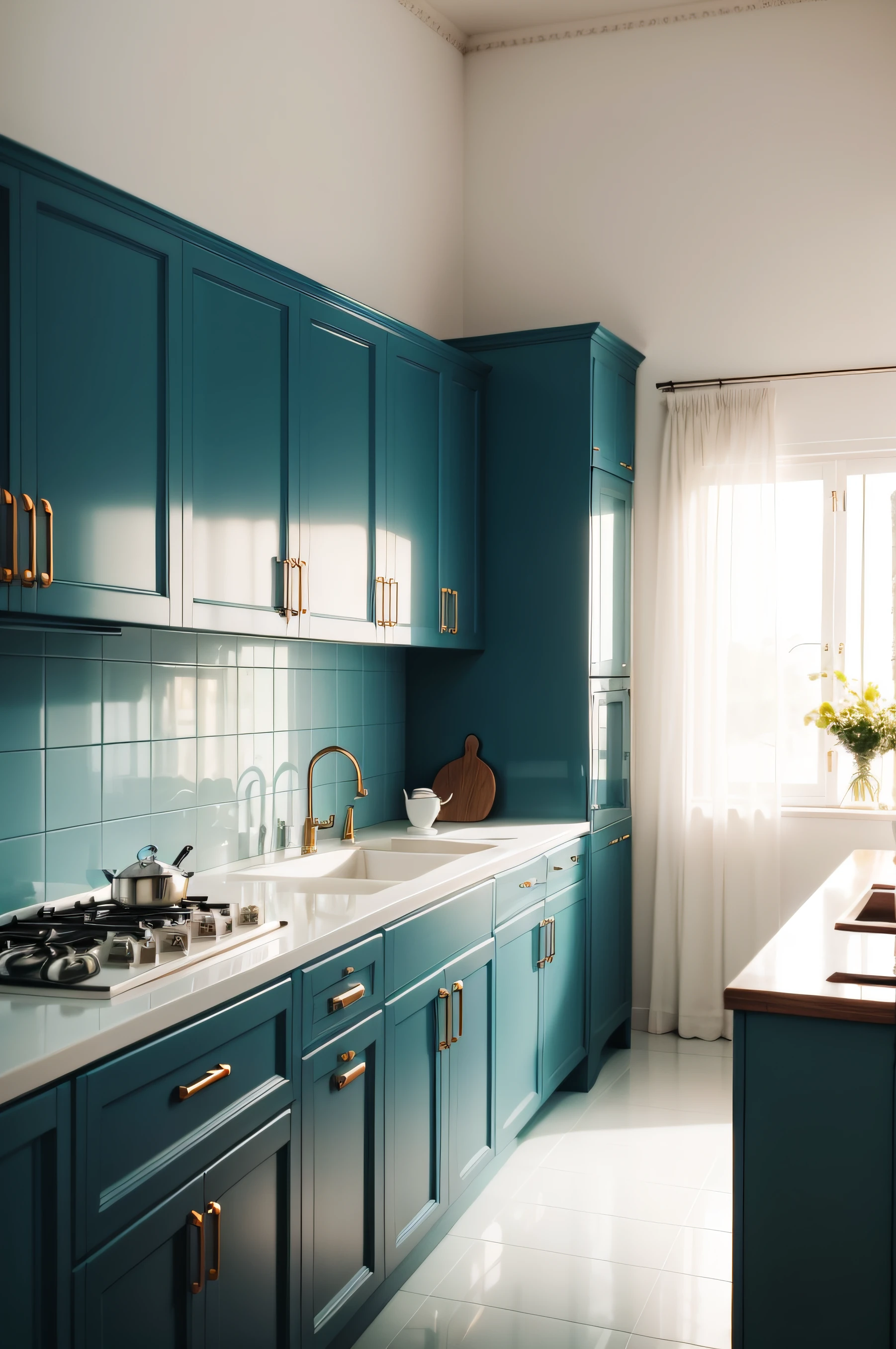 Cozinha moderna vintage azul bem claro,parede branco,piso porcelana marrom