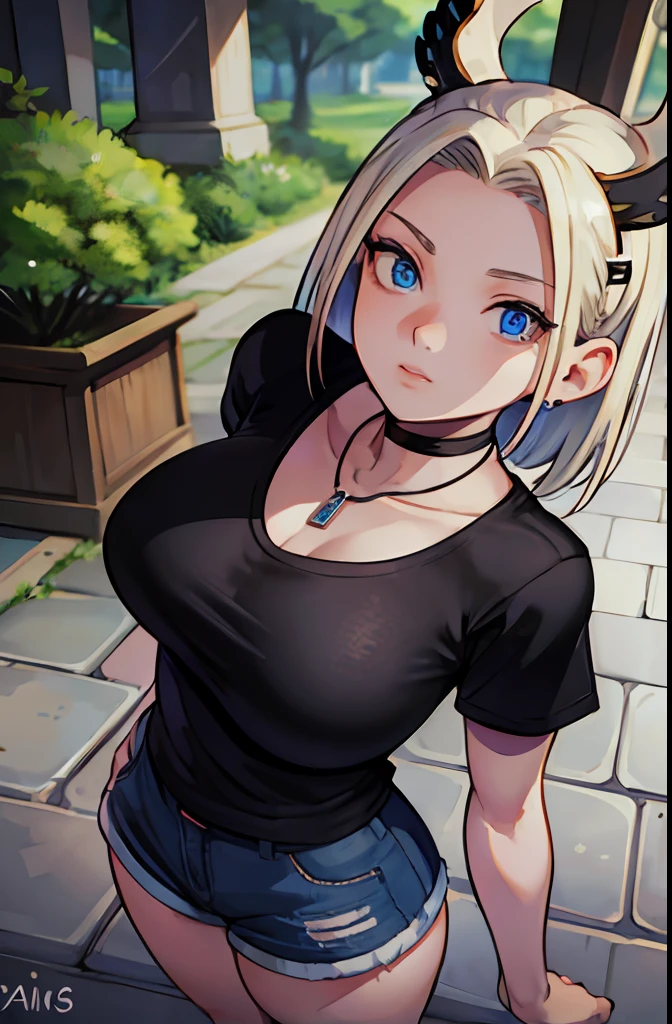 masterpiece, best quality,1girl,young girl, lapis_blue eyes, ash blonde, frohawk,worried _face,shiny skin,large breasts,nice leg line:1.3,thick thighs, thin waist,, Black_denim_shorts, black_graphic_t-shirt, white_sneakers, layered_chain_necklace, , An_outdoor_area_filled_with_tall_pine_trees,,looking at viewer,from above:1.2,dutch angle