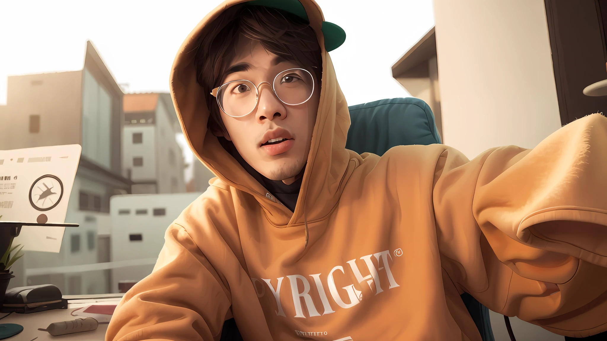 There is a young man wearing a hoodie and glasses, usando um capuz, Yanjun Chengt, usando um capuz, usando capuz, Jinyoung Canela, com capuz, usando um capuz oversized, Luz da direita, trending on r/streetwear, Hong June Hyung, Shigeto Hirai Yuya, destacar, wearing a hoodie and sweatpants, Artista coreano