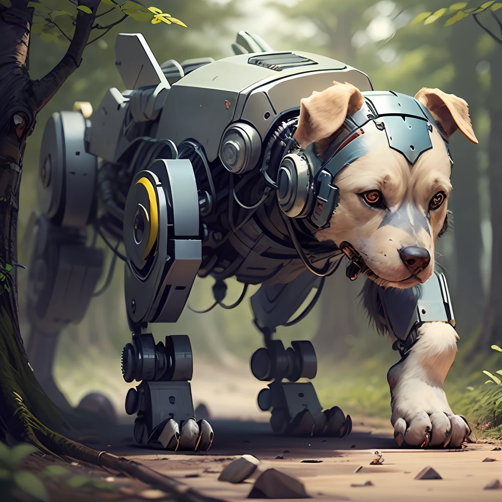 solo, full body, best quality, artwork, ultra realistic, a with the robotic arm, another child made of steel, a robotic dog, playing in the yard, trees in the background, drones broken on the ground