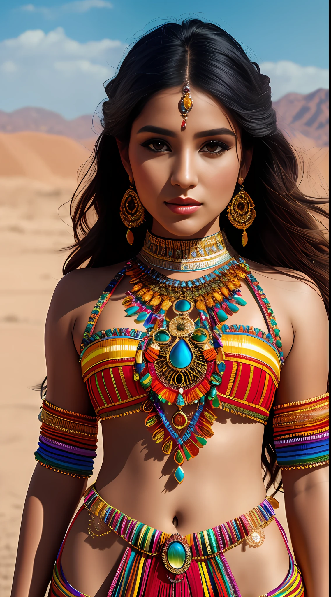 create Mariana Davalos in Full body photography of the most beautiful artwork in the world, a beautiful woman in intricate costume burning in the desert, rainbow colors, ArtStation, CGSociety, complex, high detail, clear focus, dramatic, realistic pictorial art trends Greg Rutkovsky