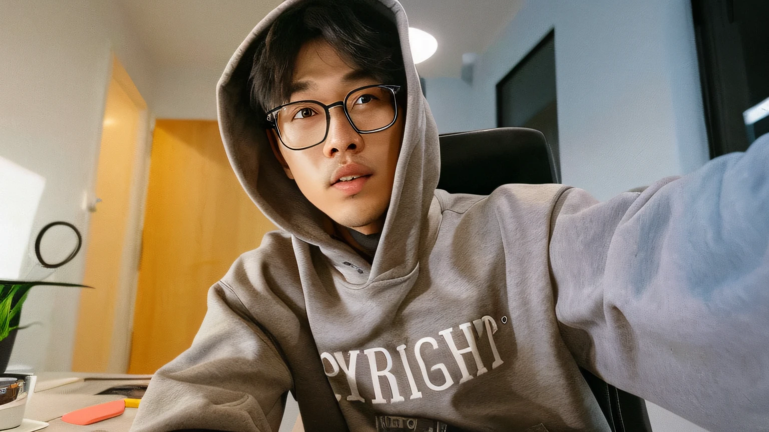 There is a young man wearing a hoodie and glasses, usando um capuz, Yanjun Chengt, usando um capuz, usando capuz, Jinyoung Canela, com capuz, usando um capuz oversized, Luz da direita, trending on r/streetwear, Shigeto Hirai Yuya, Hong June Hyung, wearing a hoodie and sweatpants, destacar, Artista coreano