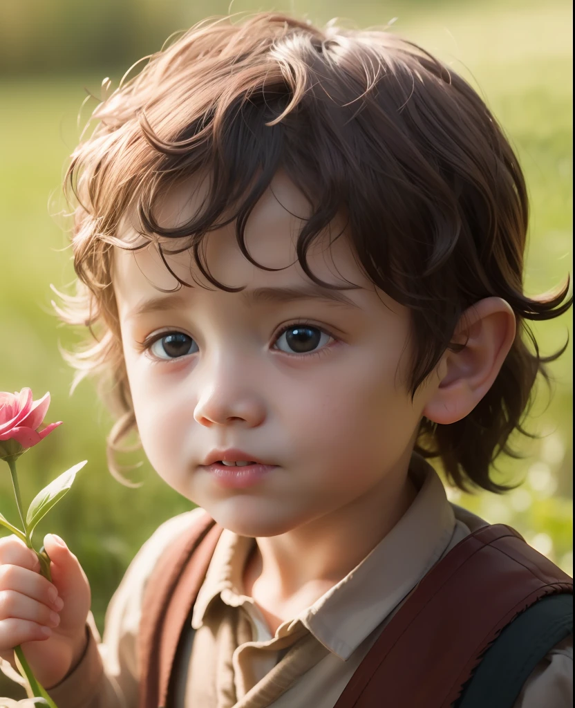 (cbzbb:1.25), portrait of the cutest illustration of Frodo Baggins Baby, artstation, holding a flower with your hand,  CGI_Animation,