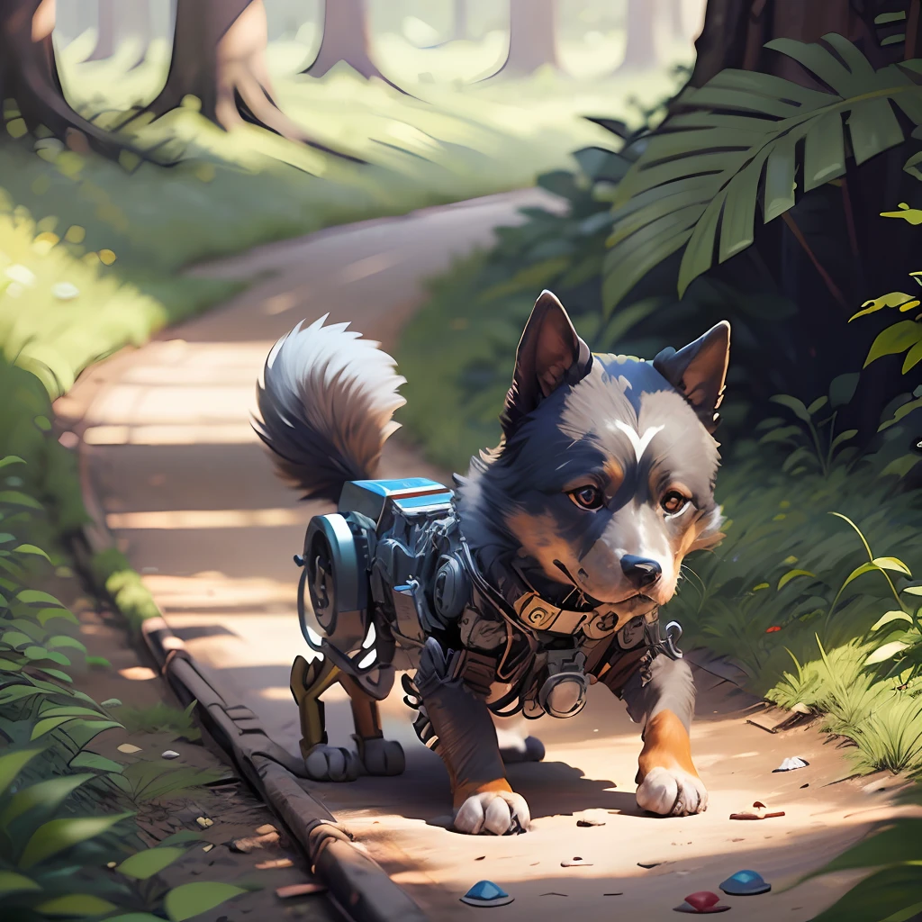 solo, full body, best quality, artwork, ultra realistic, a  with the robotic arm, another child made of steel, a robotic dog, playing in the yard, trees in the background, drones broken on the ground