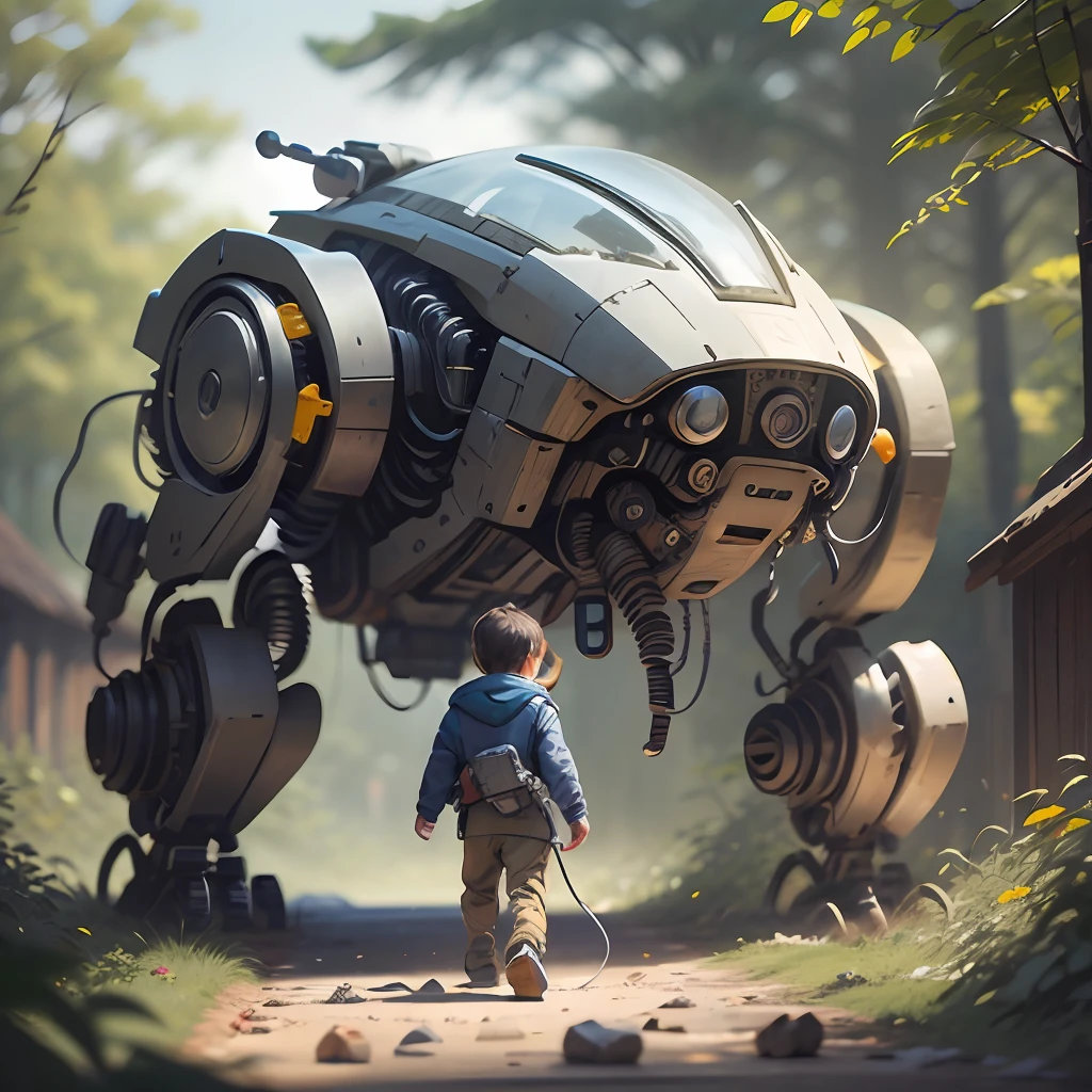 solo, full body, best quality, artwork, ultra realistic, a child with the robotic arm, another child made of steel, a robotic dog, playing in the yard, trees in the background, drones broken on the ground