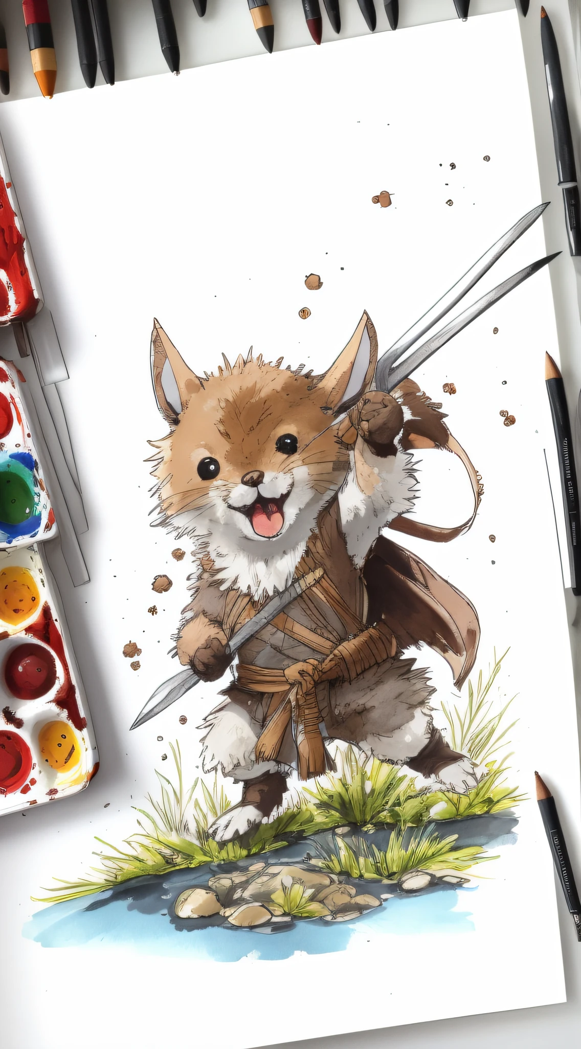 pequeno ratinho segurando um alfinete como espada, roupas leves de guerreiro, arte bem detalhada em aquarela.