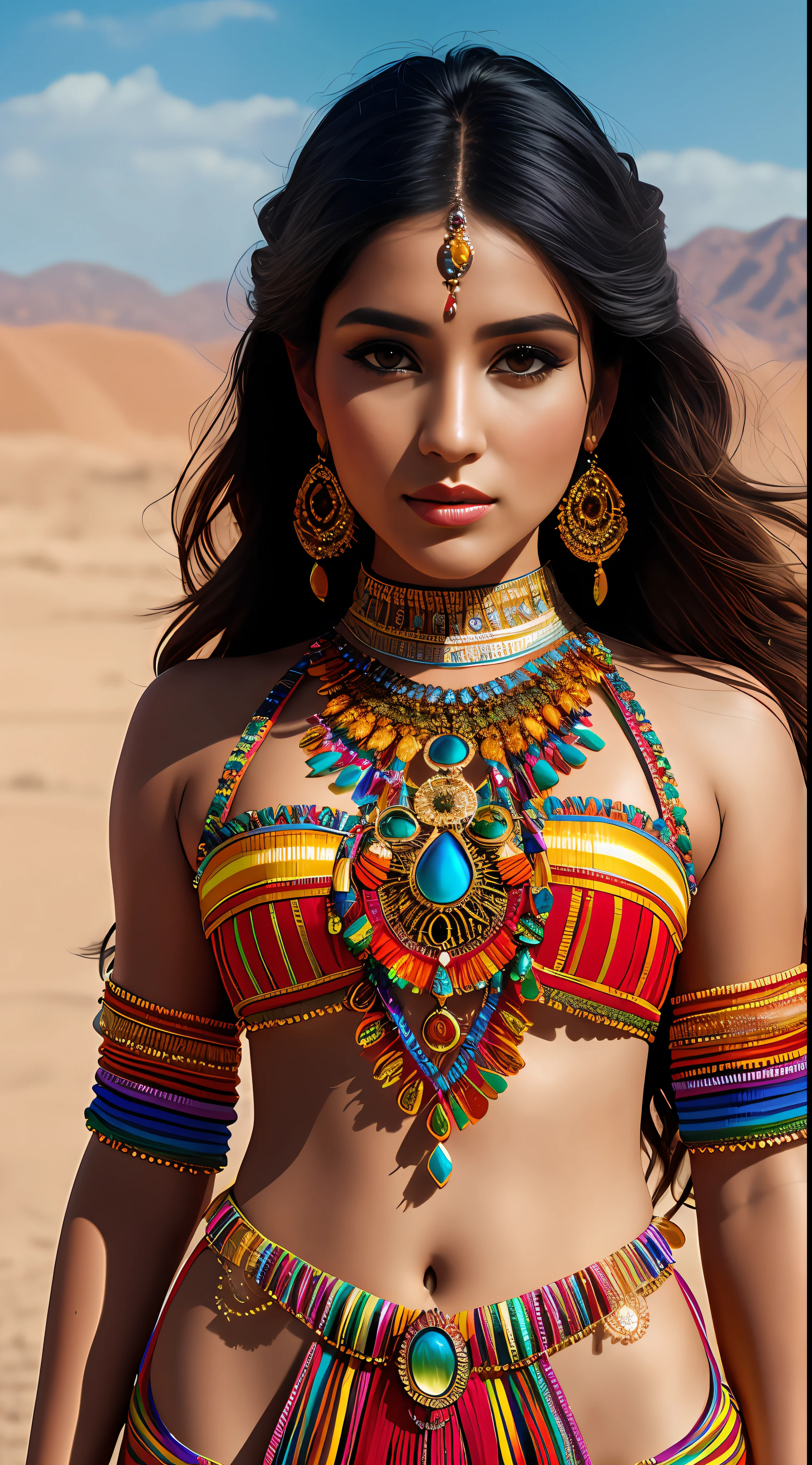 create Mariana Davalos in Full body photography of the most beautiful artwork in the world, a beautiful woman in intricate costume burning in the desert, rainbow colors, ArtStation, CGSociety, complex, high detail, clear focus, dramatic, realistic pictorial art trends Greg Rutkovsky