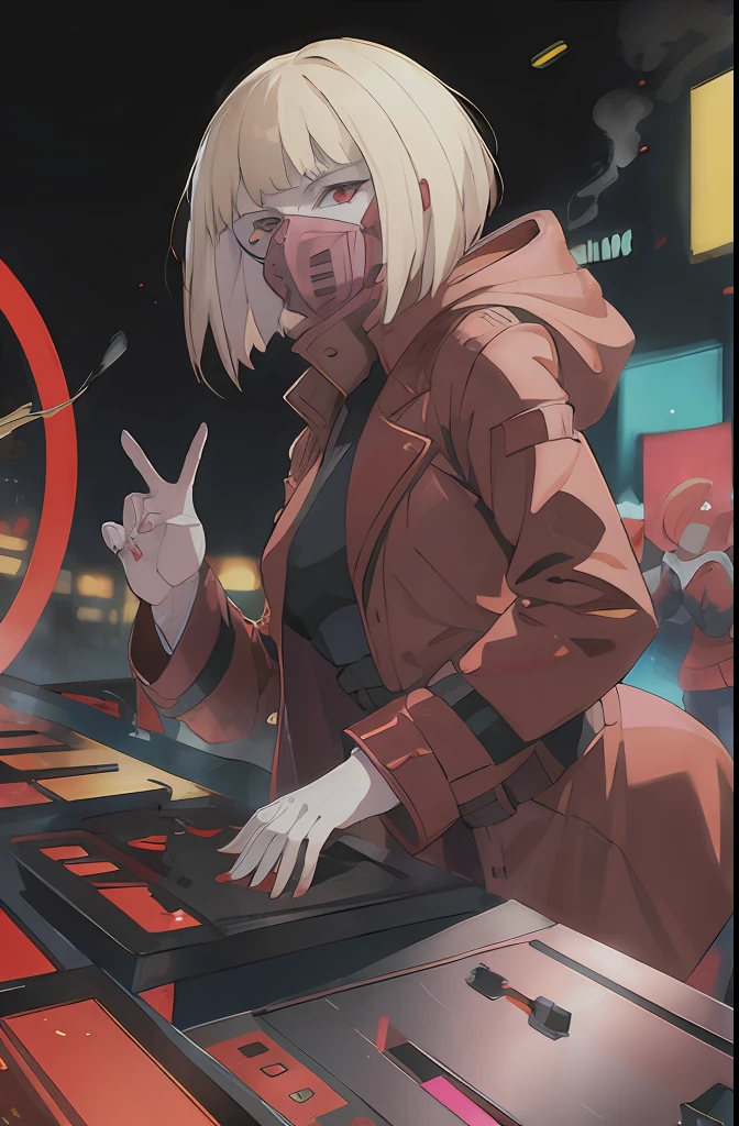 "A solo shot featuring 1girl, solo, short hair, blonde hair, red eyes, mask, red coat, coat, belt, red pants, high heel boots  a DJ, showcasing her skills on the turntables at a vibrant rave."