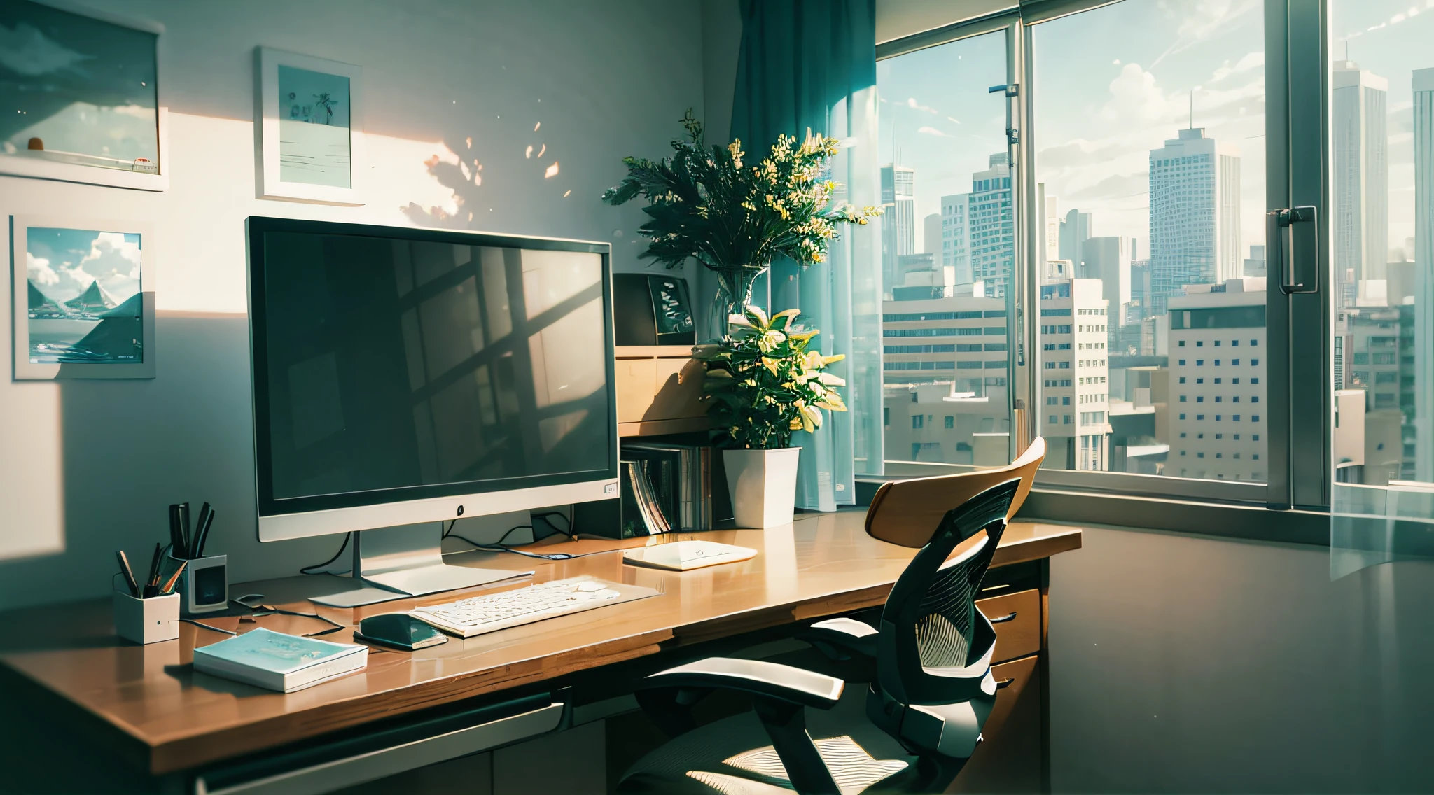 gentle, anime background art, clean lines, intricate details, serene, empty, high quality, raytracing video game, room, neat, organized, clean, bare, empty, single 90s computer on desk, view from window, office chair, calm, cozy, vintage feel, simple, soft textures, interior wallpaper, blurry foreground