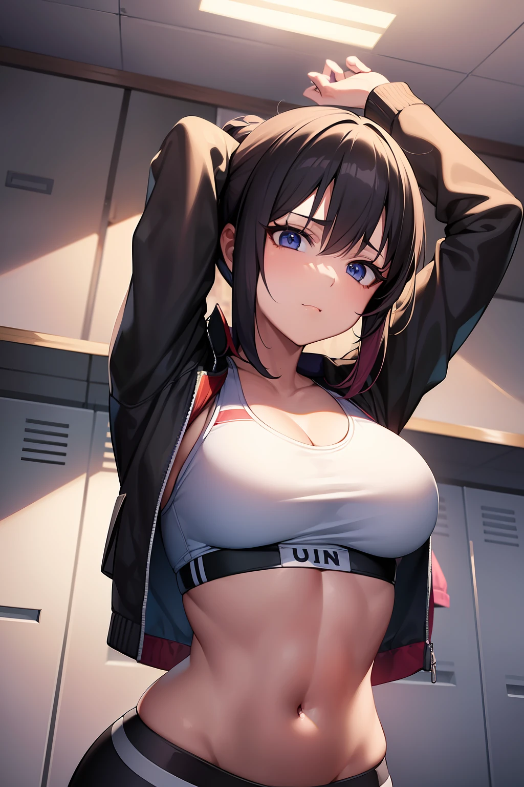 masterpiece, absurdres , (intricate details), (colorful),cinematic lighting,bust shot,extremely detailed CG unity 8k wallpaper ,hinata\(boruto\), 1girl, solo,mature female, arm up, looking at viewer, sports bra, locker room,cowboy shot,