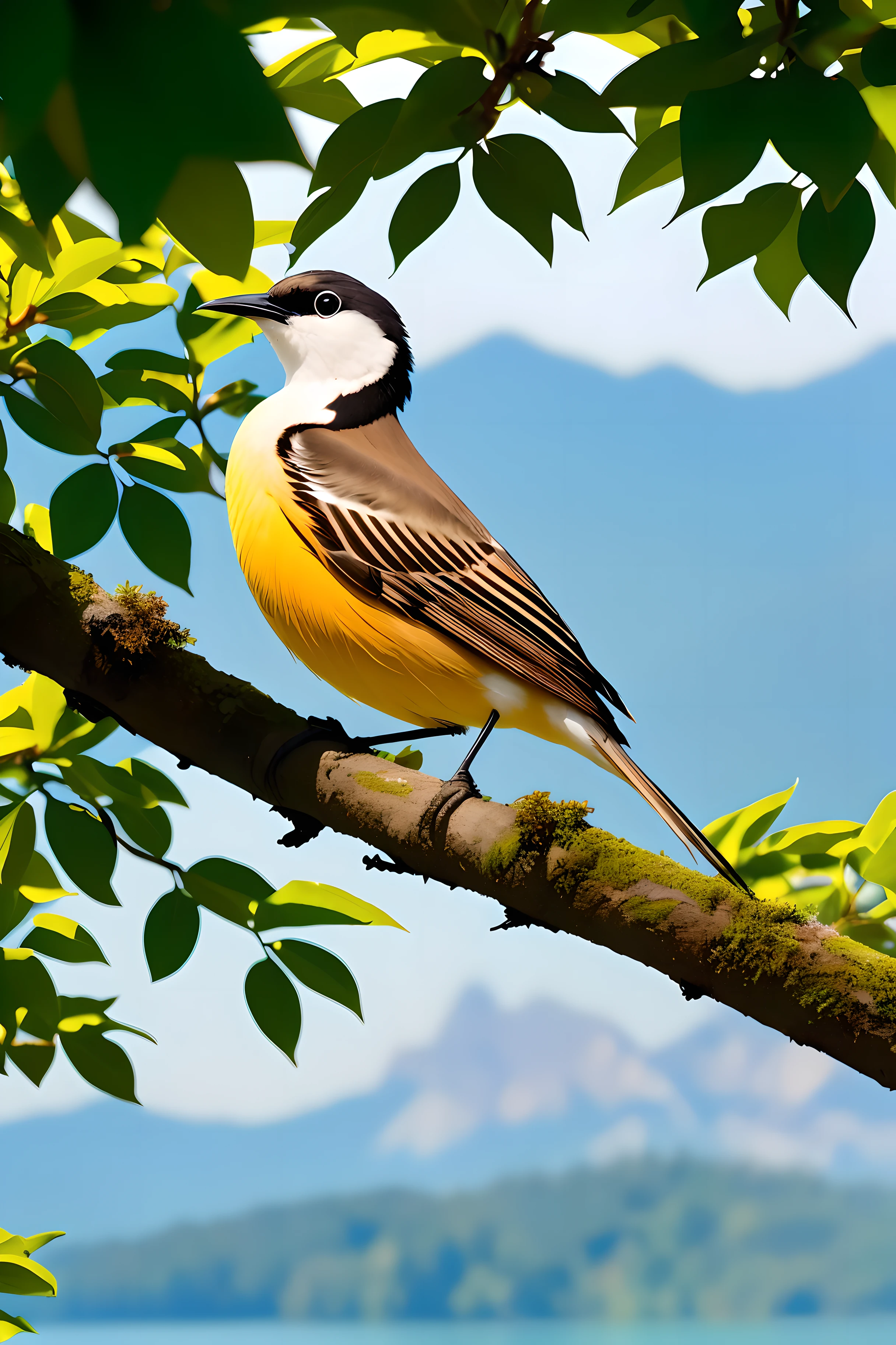 Beautiful Bird on a tree background lake forest mountains