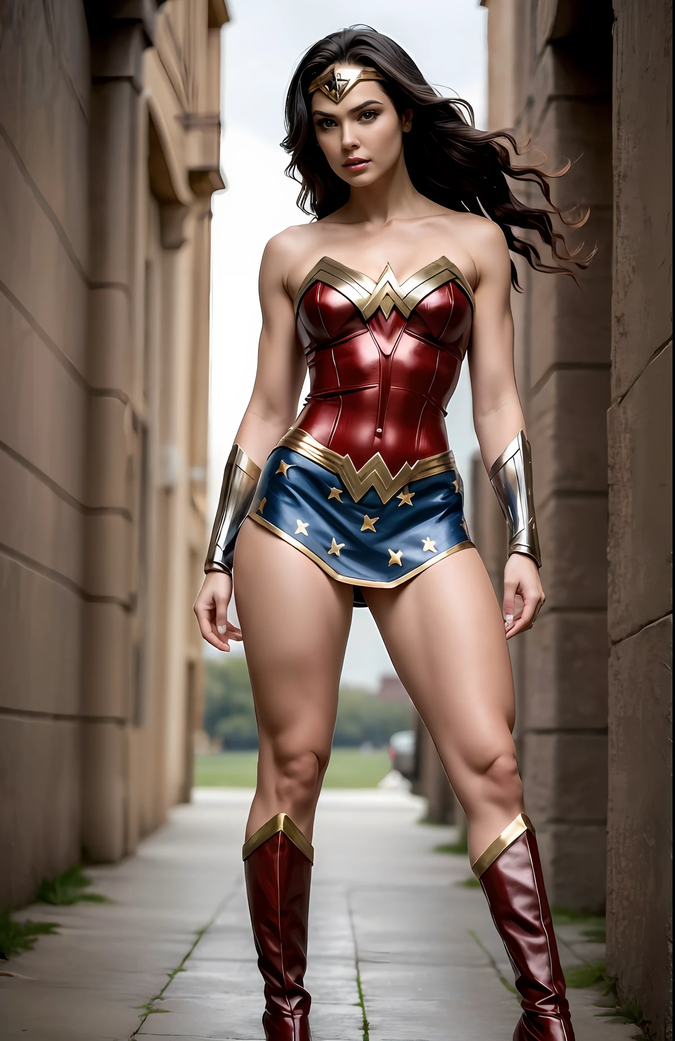 Beautiful woman detailed defined body using wonder woman cosplay, rostro al descubierto, maquillada, maquillaje, senos redondos, ((full body shoot)), full body view.