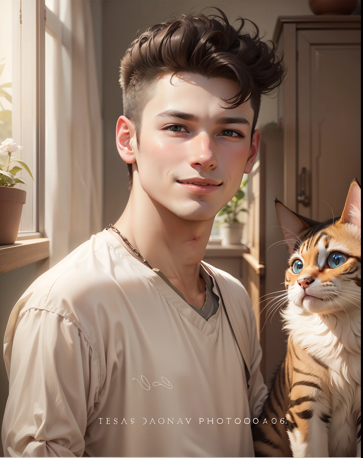 Cute boy, childhood face effect, ultra realistic with cat, 16k, soft light, change background, smiling face.