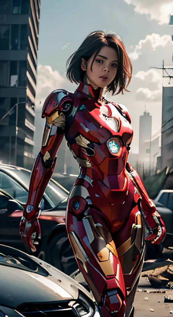 RAW, Masterpiece, Ultra Fine Photo,, Best Quality, Ultra High Resolution, Photorealistic, Sunlight, Full Body Portrait, Stunningly Beautiful,, Dynamic Poses, Delicate Face, Vibrant Eyes, (Side View) , she is wearing a futuristic Iron Man mech, red and gold color scheme, highly detailed abandoned warehouse background, detailed face, detailed and complex busy background, messy, gorgeous, milky white, high detailed skin, realistic skin details, visible pores , sharp focus, volumetric fog, 8k uhd, dslr camera, high quality, film grain, fair skin, photorealism, lomography, sprawling metropolis in futuristic dystopia, view from below, translucent
