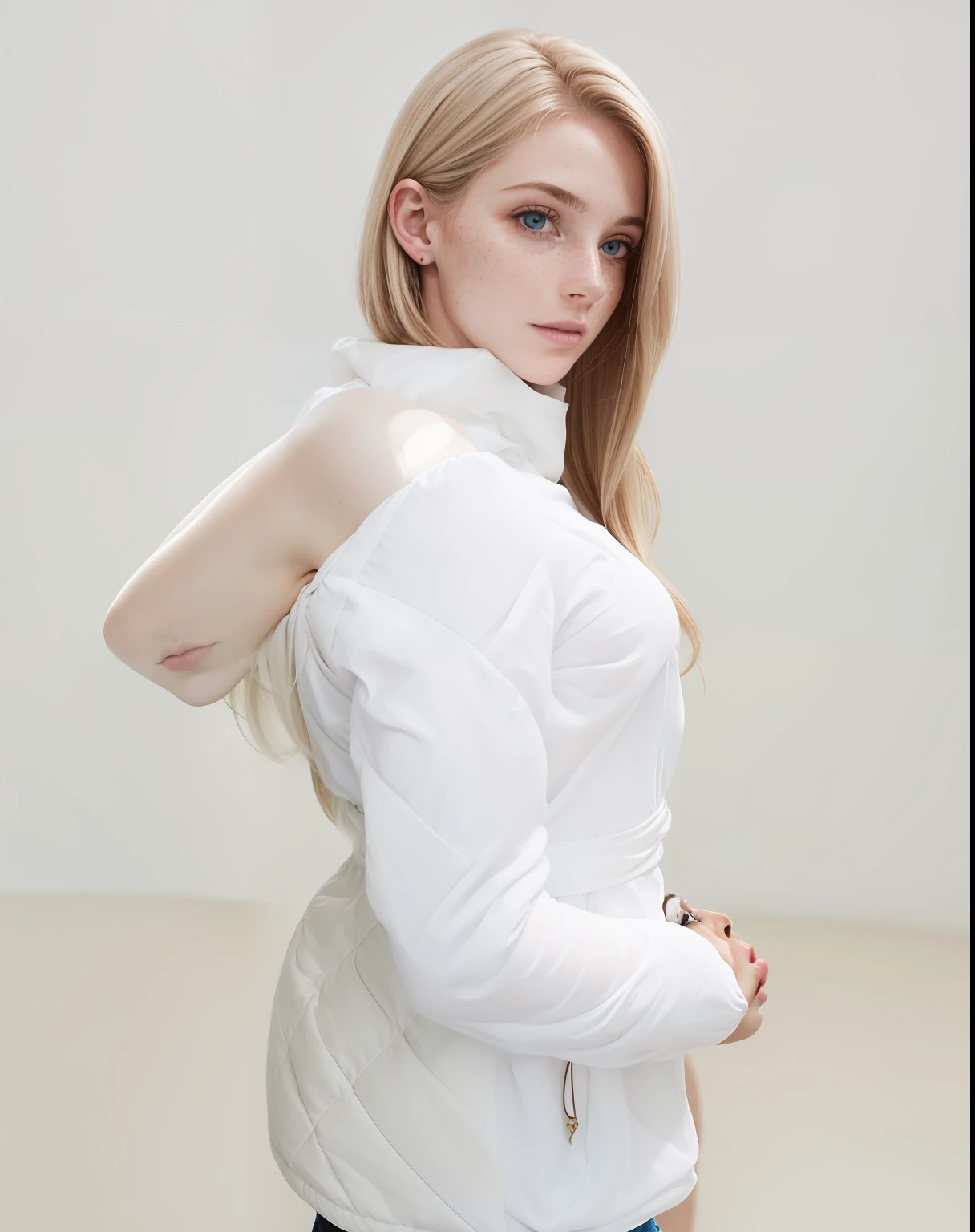 Rosto de uma mulher, americana, 25 anos, pale skin and freckles, olhos cinzas, nariz delicado, soft and delicate lips, cabelo blondie cinza longo e ondulado, ultrarrealista HD fotorrealista altamente renderizado sorriso cativante
