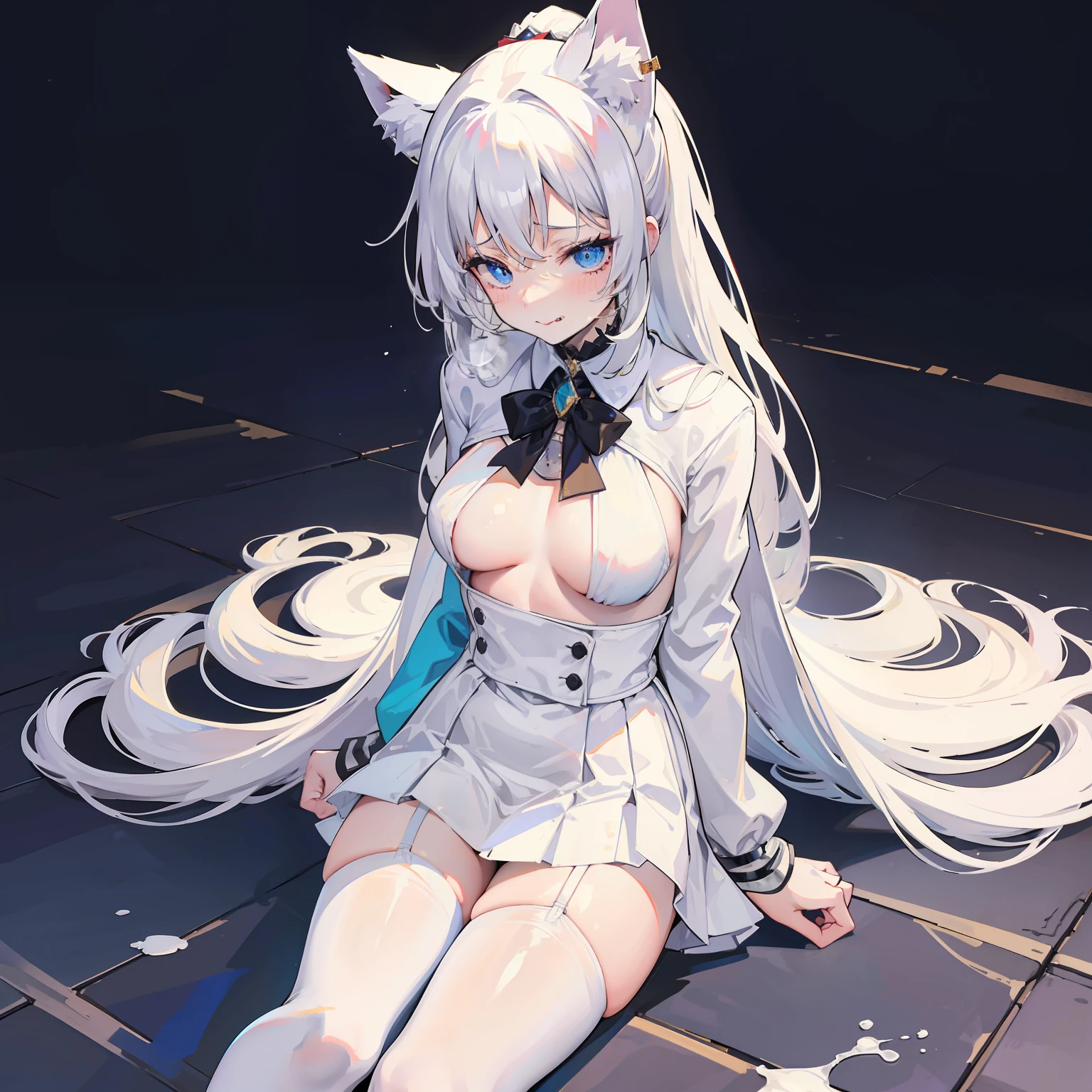 cat ear，long  white hair，High ponytail，shackle，Hands behind your back，With a collar around the neck，mini-skirts，black lence stockings，Lie on the ground，Looking at you，weeping，Stick out your tongue，Big tits，does not wear panties，Lick the milk on the ground，Secure with a rope，white liquid on your face，White liquid on the thighs，There is a white liquid on the panties，cleavage，wide open thighs