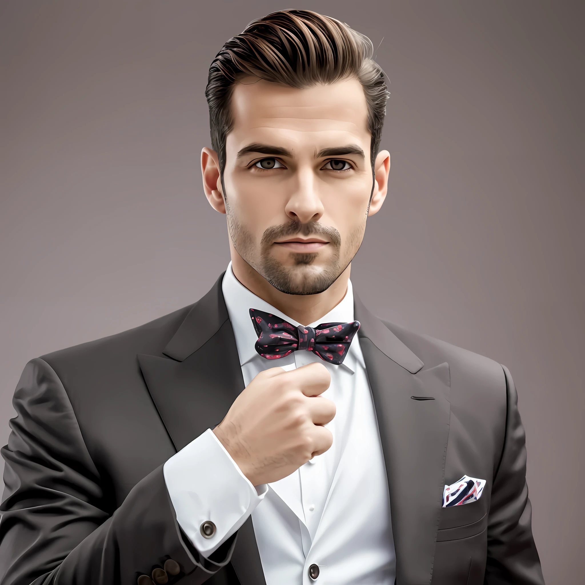 Un retrato ultra realista de un hombre, profesional, carismatico en traje y corbata. Pointing or gesturing in front position to the left. It is of slim constitution, de pie con postura confiada, mirando hacia la isquierda. His face is symmetrical and clean-shaven, con facciones angulares. El fondo es completamente blanco sin sombras. Lighting is uniform with no hard shadows. La imagen se enfoca solo en el hombre, recortado limpiamente del fondo blanco. Has high resolution and no grain, Ideal for use as a design template.