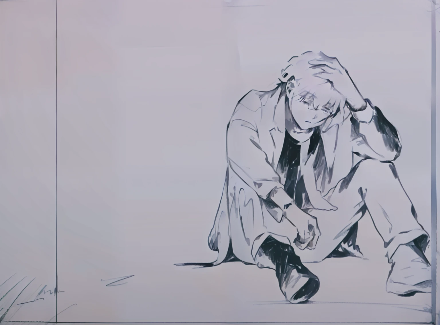 a drawing of a man sitting on the ground with his head in his hands, intense line art, one line art, outline drawing, thin line art, one line drawing, one-line drawing, one - line drawing, outline art, outlined art, continuous line drawing, without text, frustrated detailed, sad man, outline sketch, simple line art