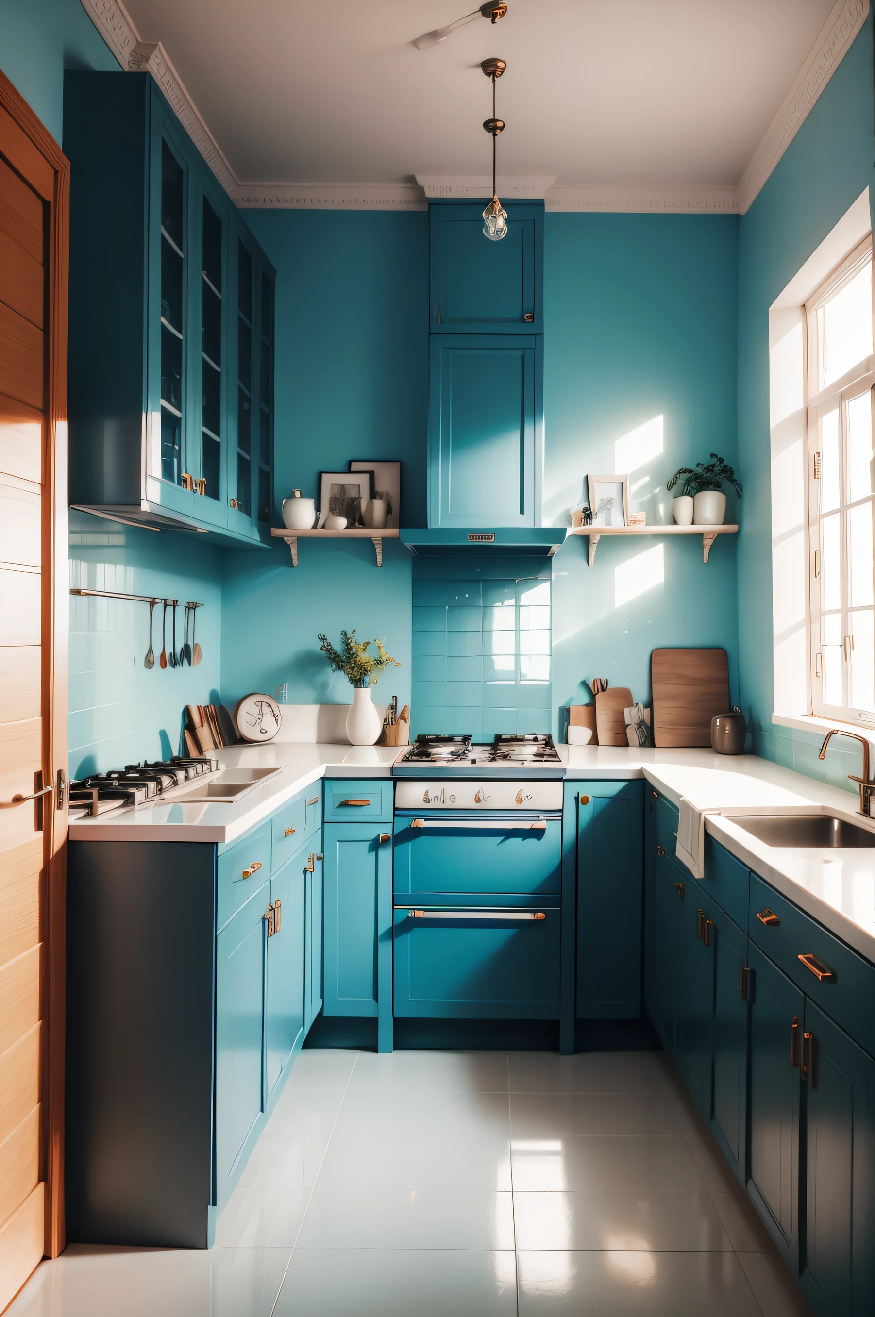 Cozinha moderna vintage azul bem claro,parede branco,piso porcelana marrom,canto em L,portas de vidros,pintura laqueado,cozinha parede redonda,cozinha luxo moderno
