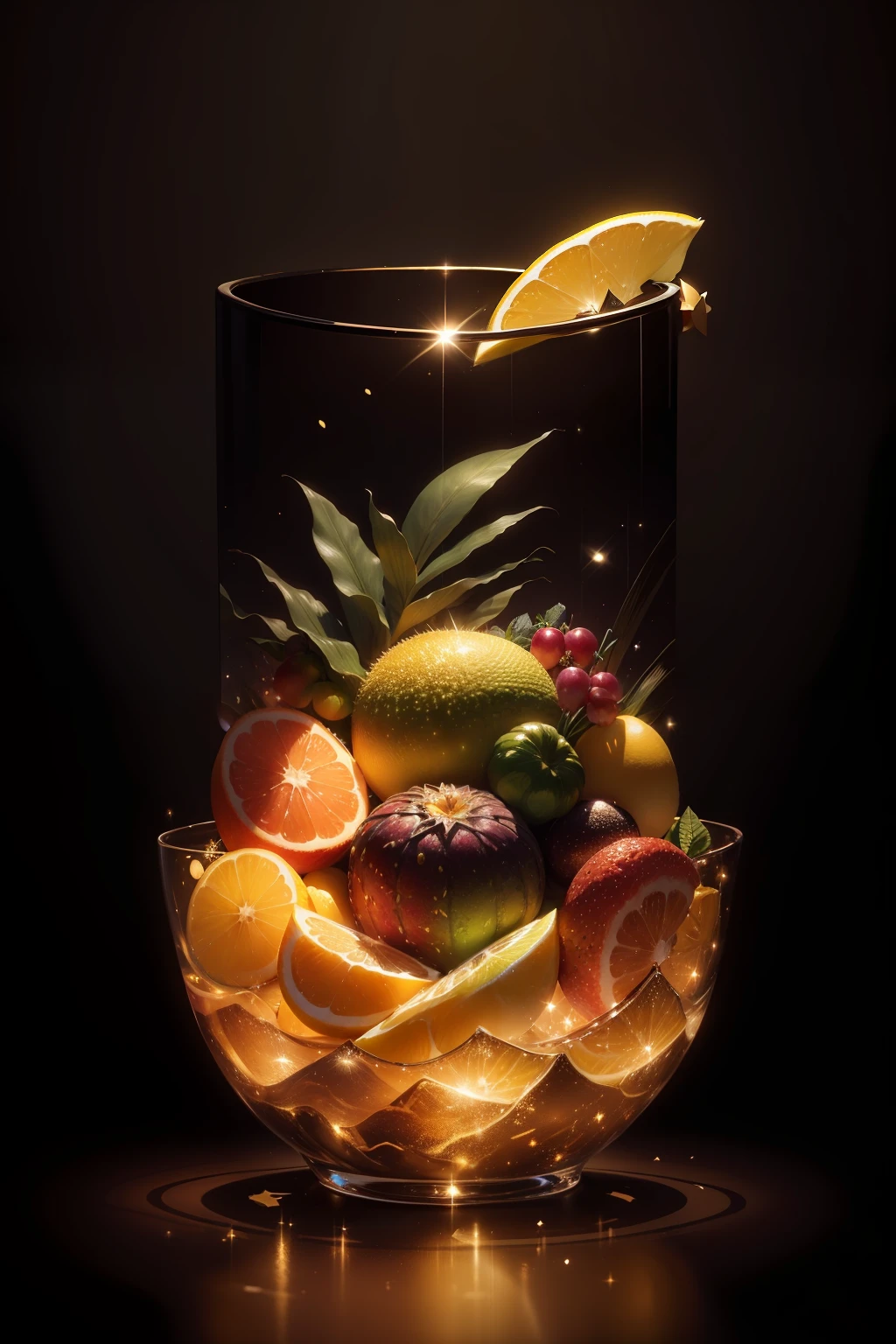 realistic photo of a beautiful arrangement of colorful tropical fruits, in the shape of a hat, floating, without a person, with lots of lights, sparkles and golden reflections, very dark black background