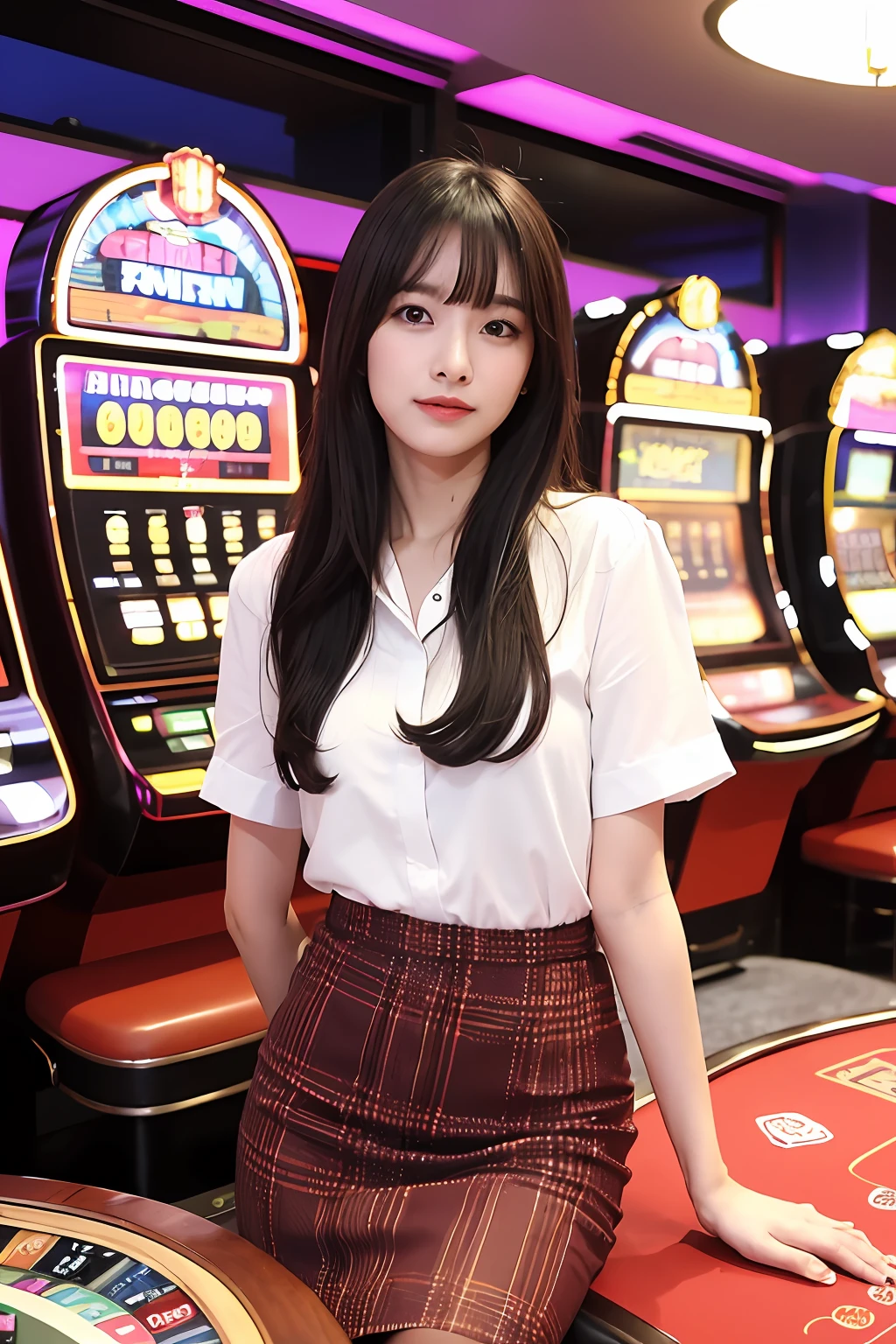 1garota,mulher,Asiatic,corpo altamente detalhado, rosto altamente detalhado, Casino, corpo inteiro, jogando, apostando, solo, Casino Las Vegas, corpo perfeito, rosto detalhado, luz noturna, mesa de poker, cabelo curto, franja,cute,sentada,fundo: Casino Machines,olhando para o espectador, peitos grandes,cabelo flutuante, sexy, corpo detalhado, sorrindo, Pussy, Nu, skirt, sem roupa,