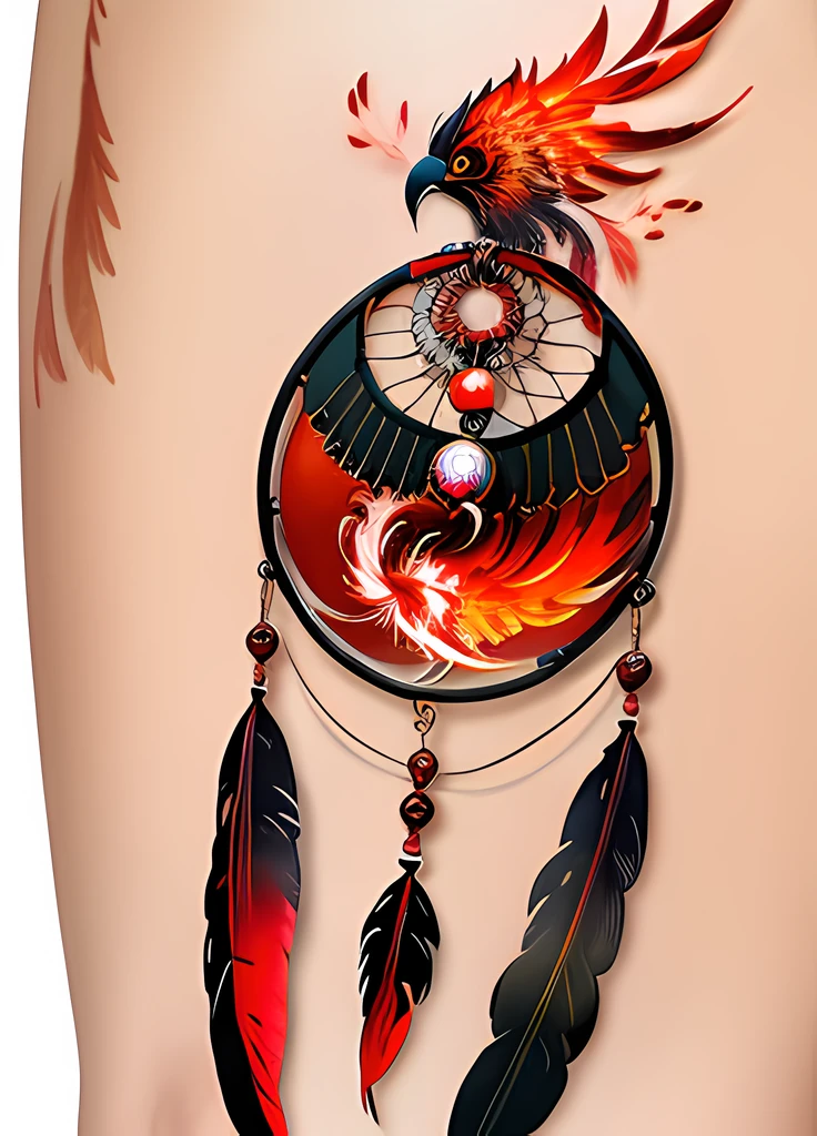 dream catcher tattoo, black and red thread, 5 feathers hanging from the bottom, multi colored feathers, a phoenix fire bird in the middle, transparent background