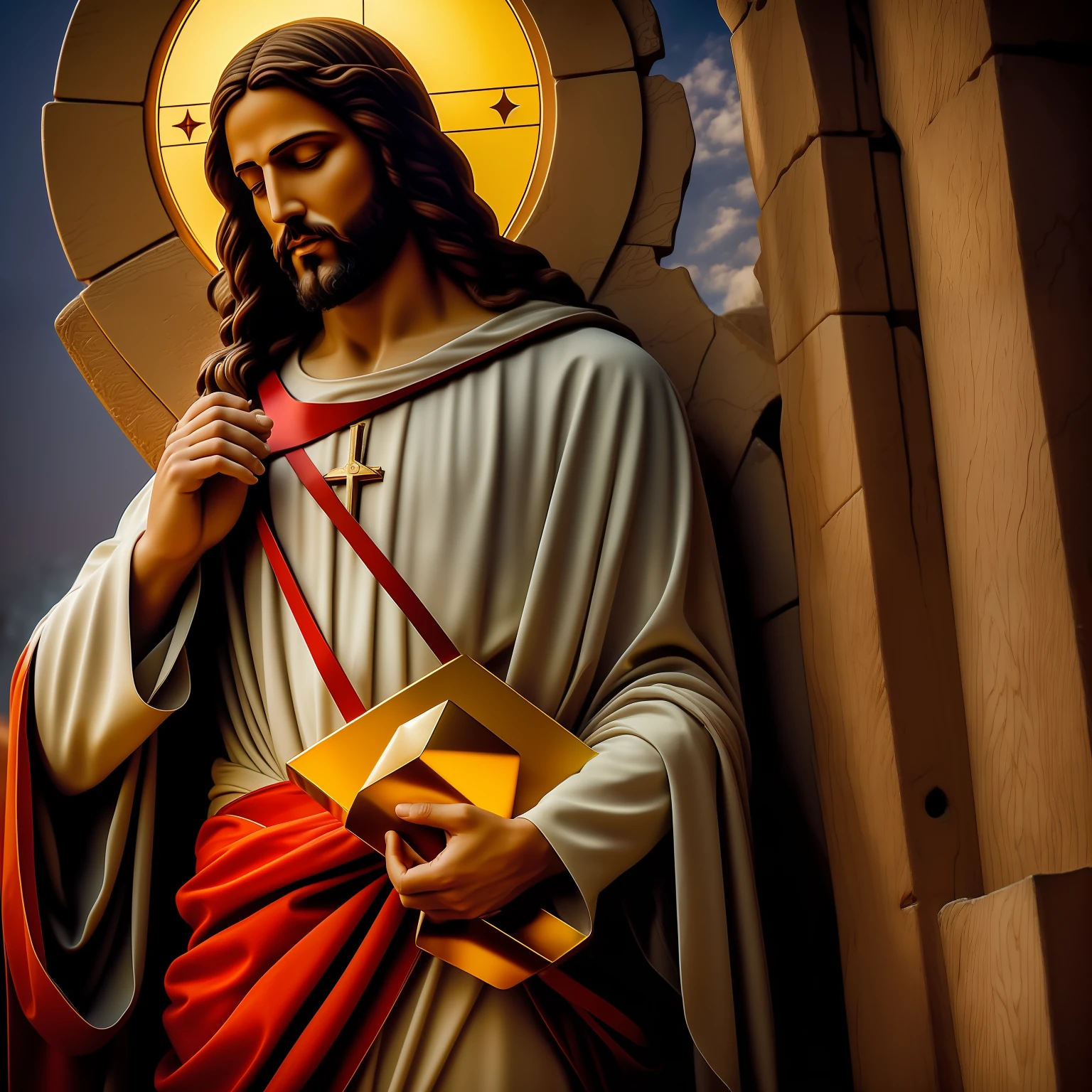Create an image of Jesus Christ on the Mount of Olives, in deep prayer before his crucifixion, with a divine aura surrounding him ((( award-winning photography))), (((Christian essence)))
