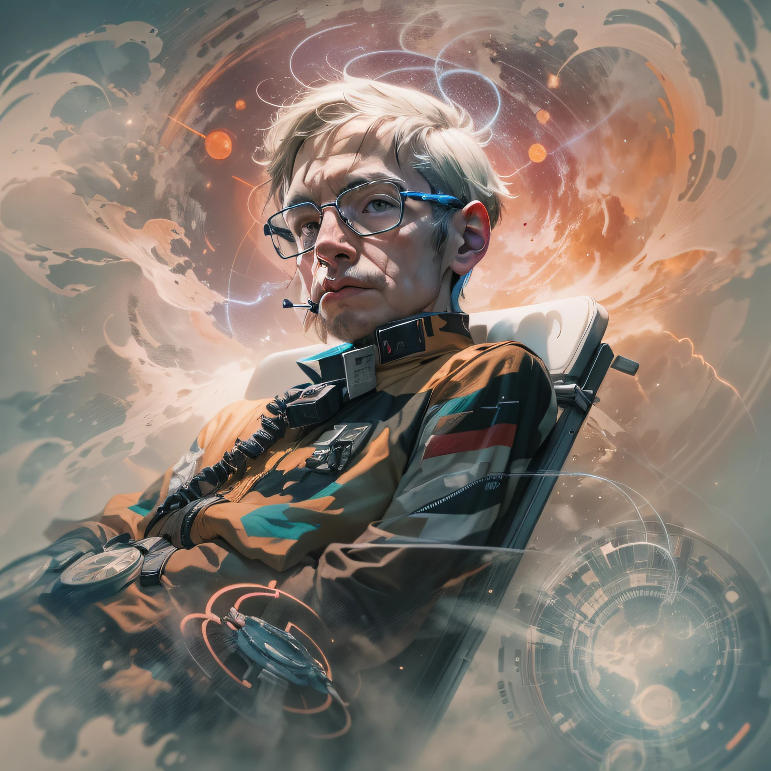 Double exposures:: MAN: Stephen Hawking physicist in his electric chair by Andreas Lie:: dreaming of the planets of the solar system :: by Bojan Jevtic, by Ashley Wood :: Splash art, abstract vector fractal, wave function intricate detailed, hyperdetailed, maximalist, psychedelic, post-apocalyptic, photorealistic, 8k resolution concept art, Unreal Engine, dynamic lighting