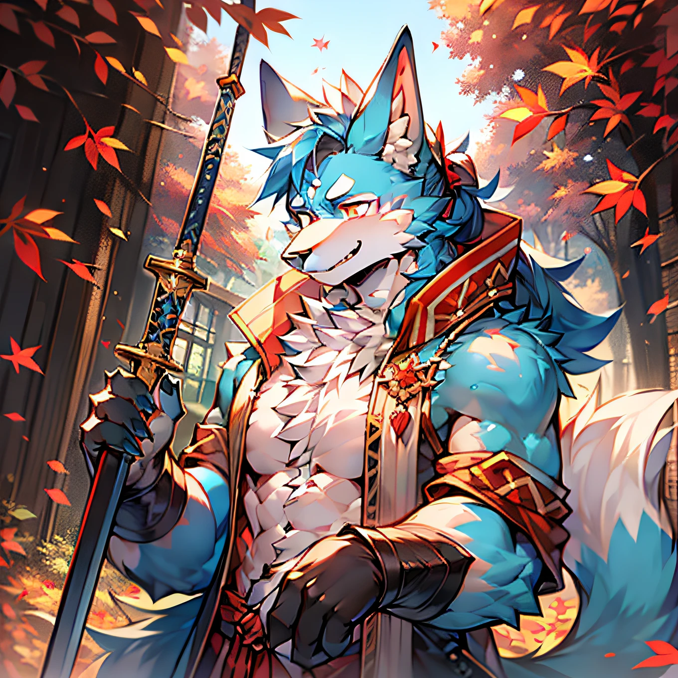 solo person，Twine binding，werecreature，Male white wolf，Blue fur，Blue tail，White ears，Blood-red eyes，Hanfu，musculature，male people，Handsome，（The furry feeling of animal ears），Maple leaves fall，autumnal，High ponytail，Ancient wind，Bangs in the middle，Holding a long sword in his right hand，Holding a maple leaf in his left hand