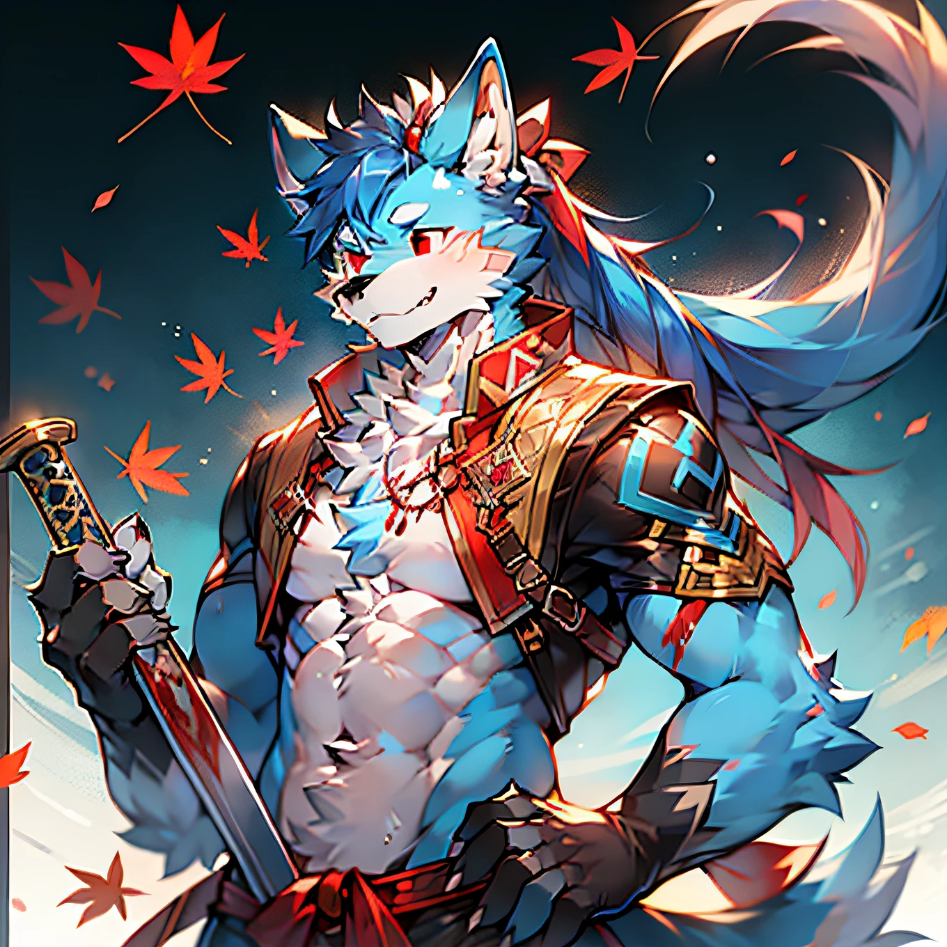 solo person,Twine binding,werecreature,Male white wolf,Blue fur,Blue tail,White ears,Blood-red eyes,Hanfu,musculature,male people,Handsome,(The furry feeling of animal ears),Maple leaves fall,autumnal,High ponytail,Ancient wind,Bangs in the middle,Holding a long sword in his right hand,Holding a maple leaf in his left hand