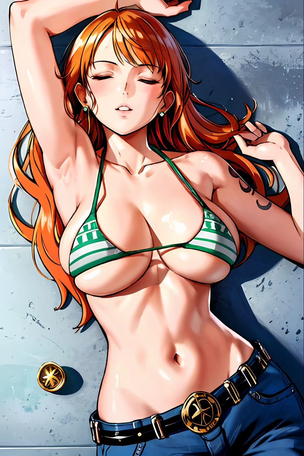 ship deck detailed background, top view shot, masterpiece, 4k, epic, best quality, late youth, adult, milf, athlete body, 1girl, ((wide open mouth, on deck, passed out, completely lying down, lying down on her back, knocked out, closed eyes, (both hands on the floor, face up, head turn left))) , solo, nami \(one piece\), 1girl, bangle, (bruises, injury, feeling hot, serious, hurt, glaring, closed eyes, looking up, perfect detailed face, round face) bold drawing lines, detailed bold arm lines, flat jaw, adult woman, wavy wide streaked bangs, floating bang, (big cheeks), bare shoulders, off-shoulders, belt, bikini, bikini top only, bracelet, springy breasts, breast lines, big round eyes, very big brown shiny eyes, bubbles, high eye position, cleavage, day, denim, earrings, floating hair, shiny hair, green belt, green bikini, bold groin lines, jeans, jewelry, ((medium breasts)), log pose, long hair, looking at viewer, long navel, wet hair, orange hair, pants, shoulder tattoo, sidelocks, sky, solo, stomach, swimsuit, tattoo, detailed arms, big forehead, hourglass figure, small head, toned body, wide hair, wind effect, sun effect, under the sun, narrow small ears angle, older