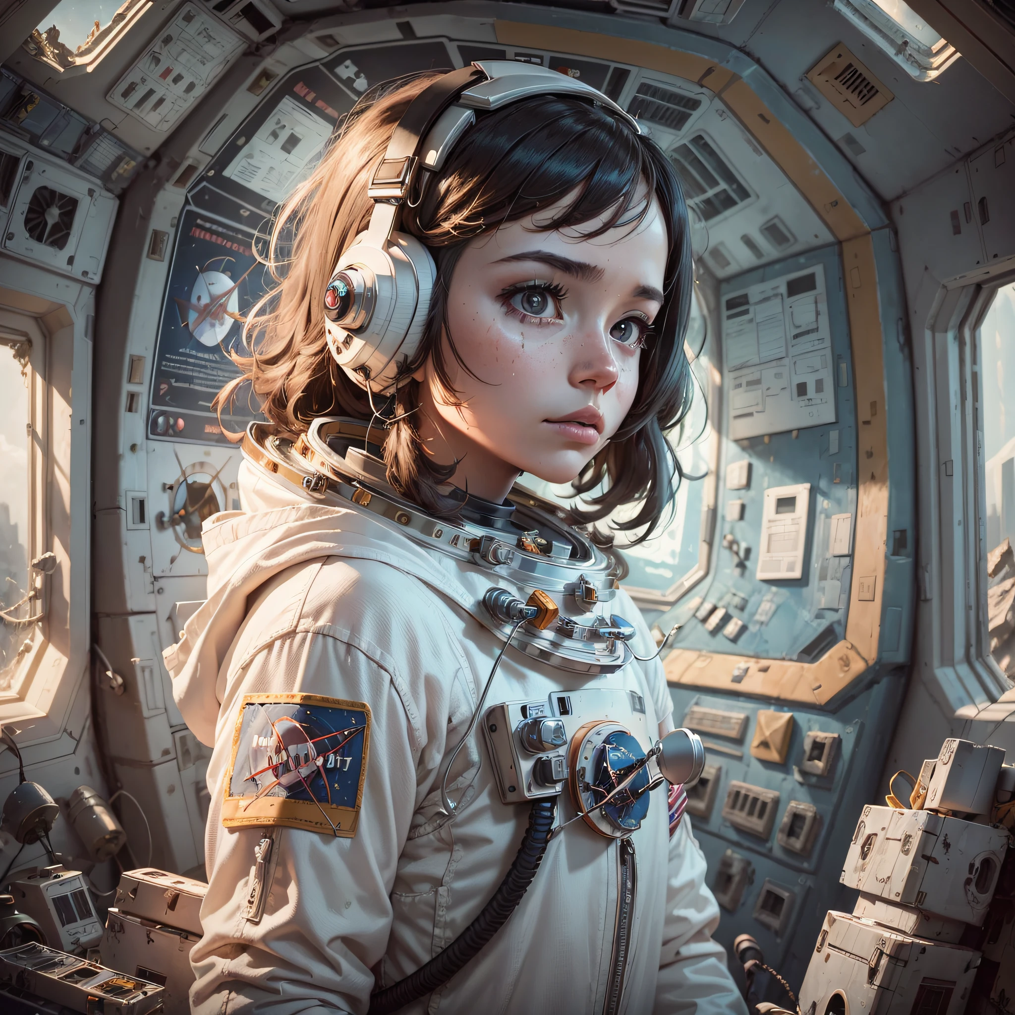 ((a lonely astronaut)), surrounded by the debris of a destroyed spaceship, Amanda Conner, Joëlle Jones, Jen Bartel, Tula Lotay, Peach Momoko style, digital portrait, monochromatic, dramatic, intense, devastated, mourning, lost, helpless, wandering, searching, intense, dramatic lighting --auto --s2