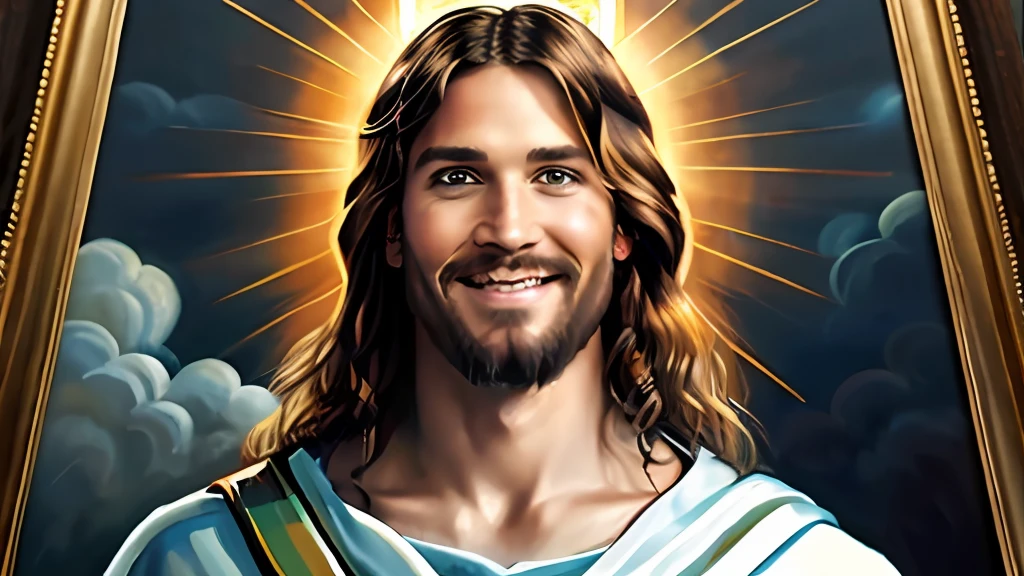 A painting of Jesus with a halo in heaven, Jesus Christ, Smiling in heaven, Portrait of Jesus Christ, Face of Jesus, Young God Almighty, Portrait of a Heavenly God, Greg Olsen, Jesus Gigachad, Jesus of Nazareth, Jesus, The face of God, God looking at me