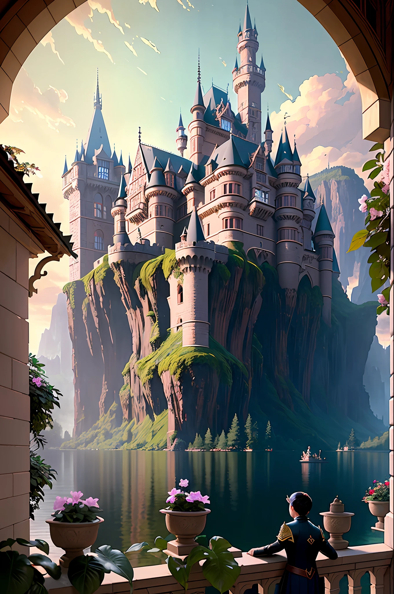 Gothic castle courtyard with lake and lush plants, Fantasy art, by greg rutkowski, loish, rhads, ferdinand knab, makoto shinkai and lois van baarle, ilya kuvshinov, rossdraws, tom bagshaw, beautiful, cinematic, Elegant, hyperrealistic, octane render, unreal, hight resolution, 8k resolution, higly detailed, photo taken with Sony a7R camera, DSLR lens,