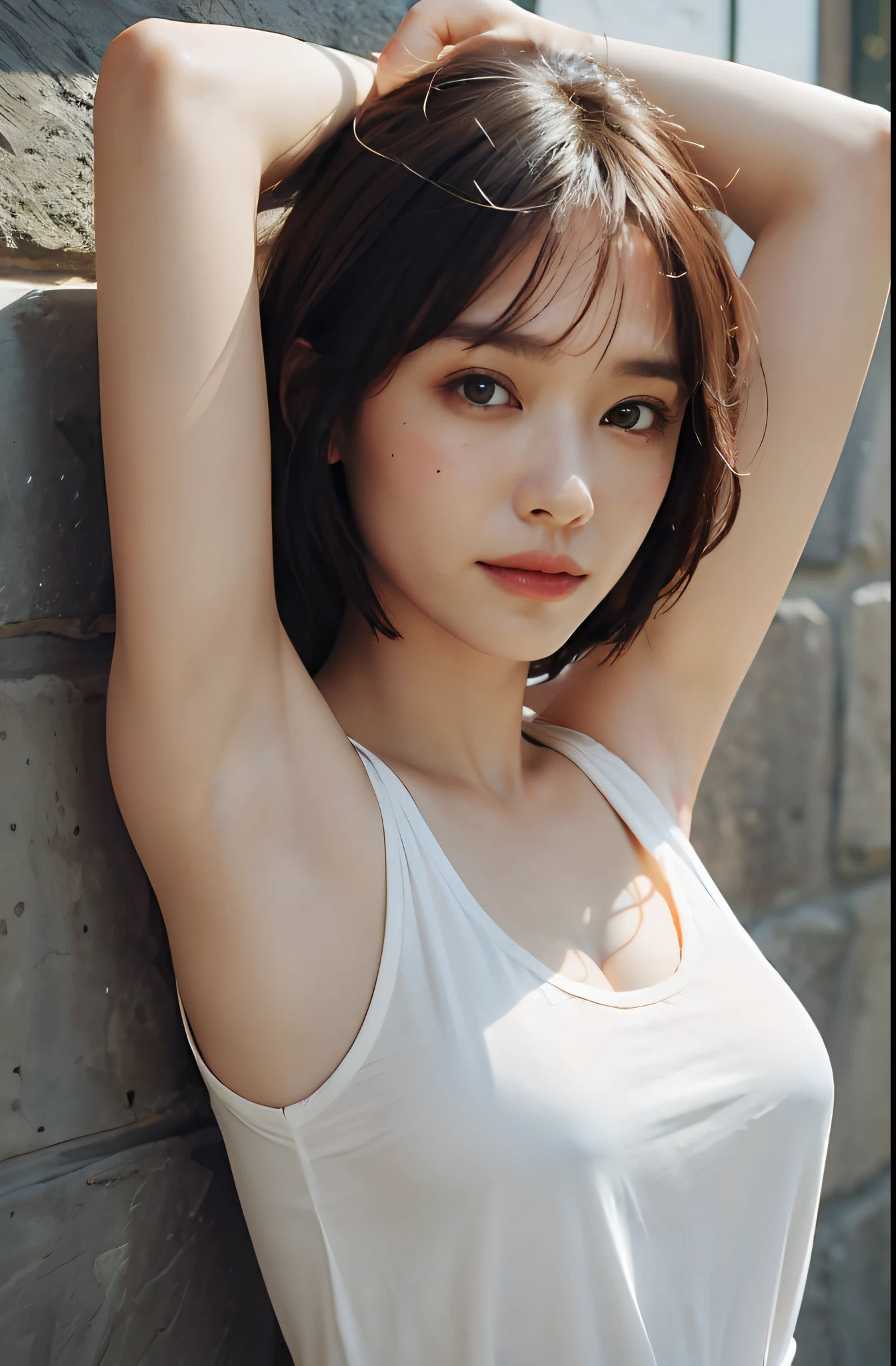 (A hyper-realistic), (illustratio), (Hi-Res), (8K), (ighly detailed), (The best illustrations), (beatiful detailed eyes), (top-quality), (ultra-detailliert), (Master Masterpiece), (wall-paper), (详细的脸), drooing eyes,Sweaty,Upper Body Up,armpit,(Detailed and realistic underarm wrinkles),short-haired,inner colored,独奏,Girl in simple white tank top, japanes,Lower milk is visible, (camel's toe)