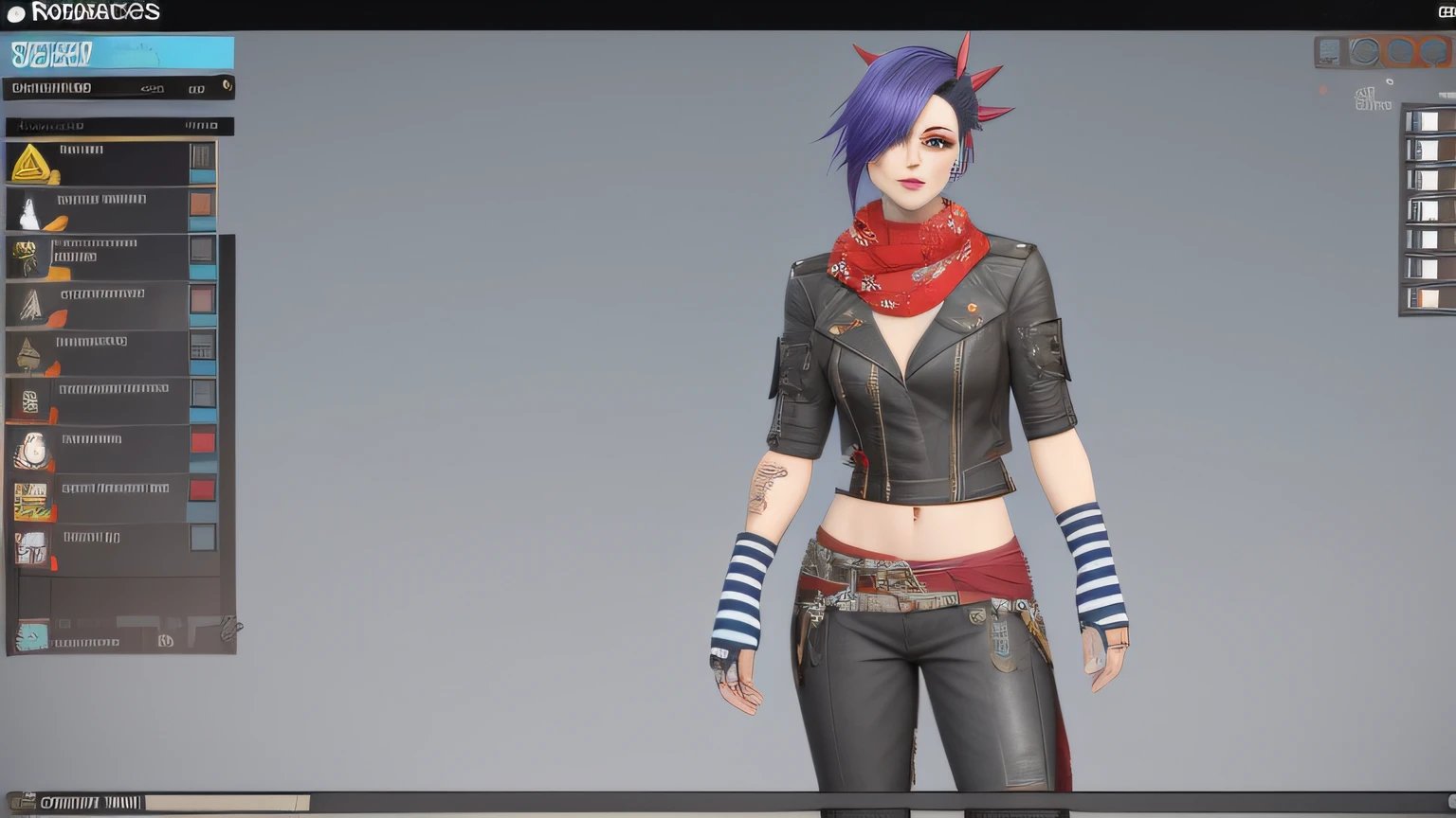 um close up de uma pessoa em uma roupa de couro com uma bandana vermelha, roupa punk, mechanic punk outfit, usando uma roupa punk, Avatar do Second Life, Garota Punk, diesel punk female, vestido com roupas punk, vestido com roupas crustpunk, cabelo punk detalhado, roupa feminina, Captura de tela de jogabilidade de moda, estilo de jogo square enix, Imagem do jogo, olhar