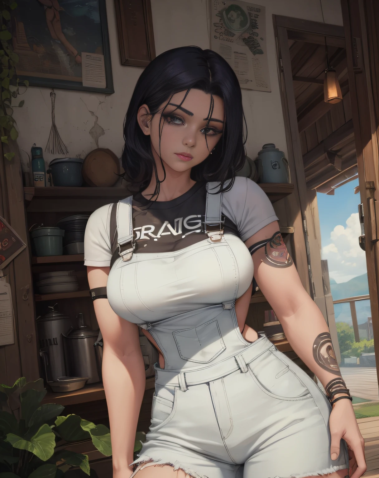 A closeup of a woman with tattoos on her arms and chest, com tatuagens, Tatuado, wearing dirty overalls, Coberto, corpo e rosto bonitos e detalhados, thicc, peito para cima busto tiro, menina bonito vestindo o terno do tanque, wearing white denim overalls, wearing overalls, peito grande, rosto delicado, olhos grandes, textura da pele, estilo de arte artgerm