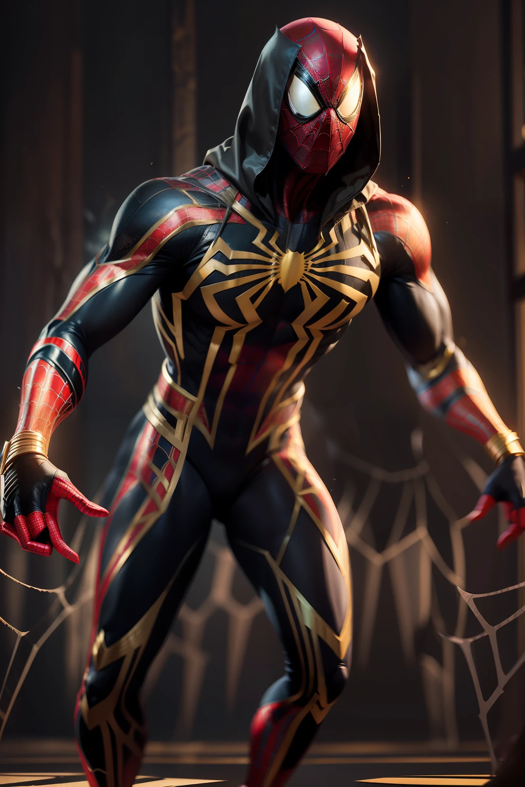 Ancient Egyptian (Spider man),  full body photography, evil eyes, black and golden suit, soft skin, dynamic posture, soft light, film texture, virtual engine, advanced detail processing, ultra realistic 8k, styles for printing, cinematic lighting, high contrast, glowing highlights, photorealistic
