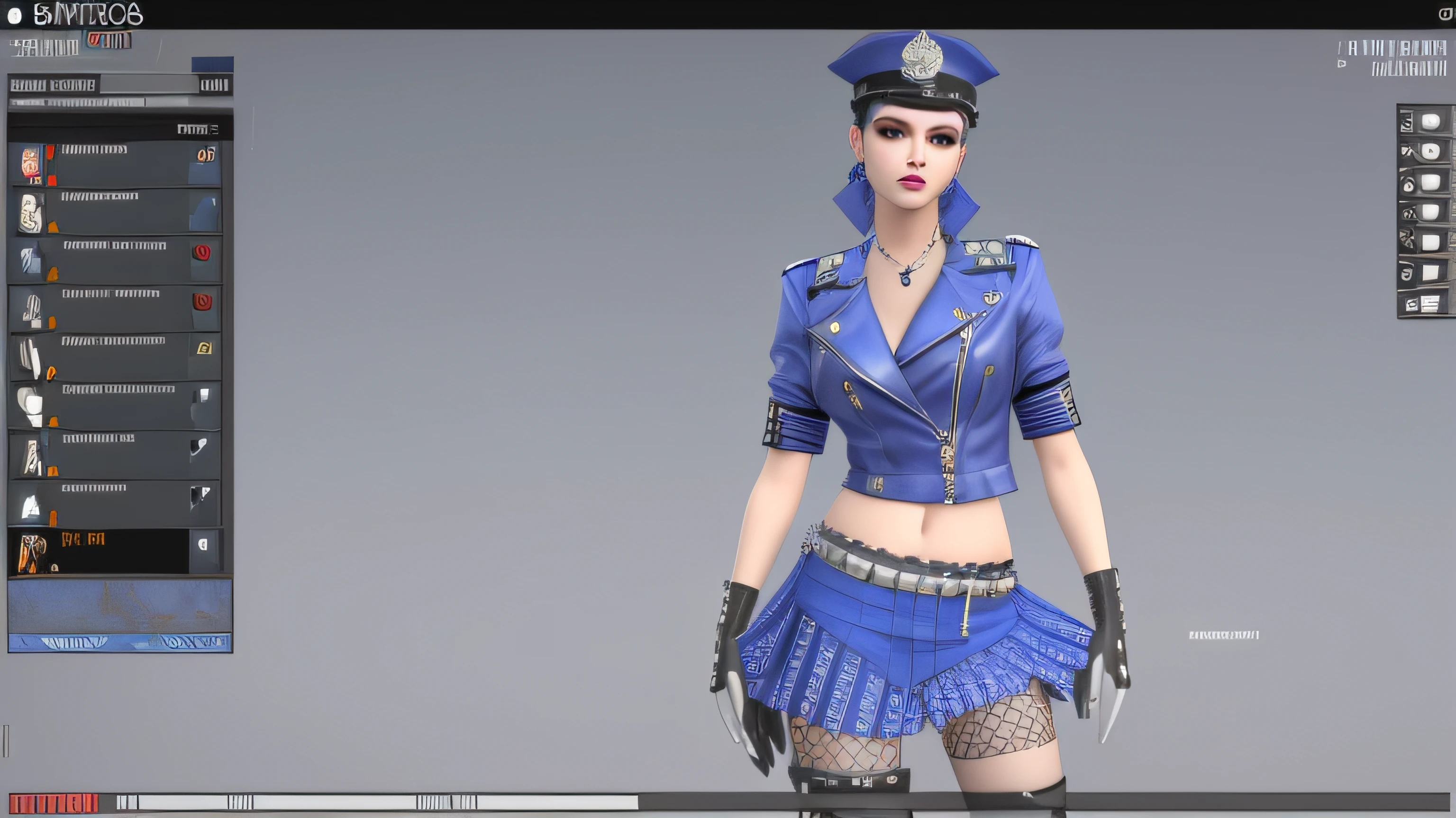 um close up de uma pessoa fantasiada na tela de um computador, traje: soprar, mechanic punk outfit, uniforme azul, Captura de tela de jogabilidade de moda, police uniform, Imagem do jogo, policial, vestindo uniforme policial, diesel punk female, police, oficial, modelado em poser, roupa punk, roupa feminina, Avatar do Second Life, DAZ 3D, DAZ3D