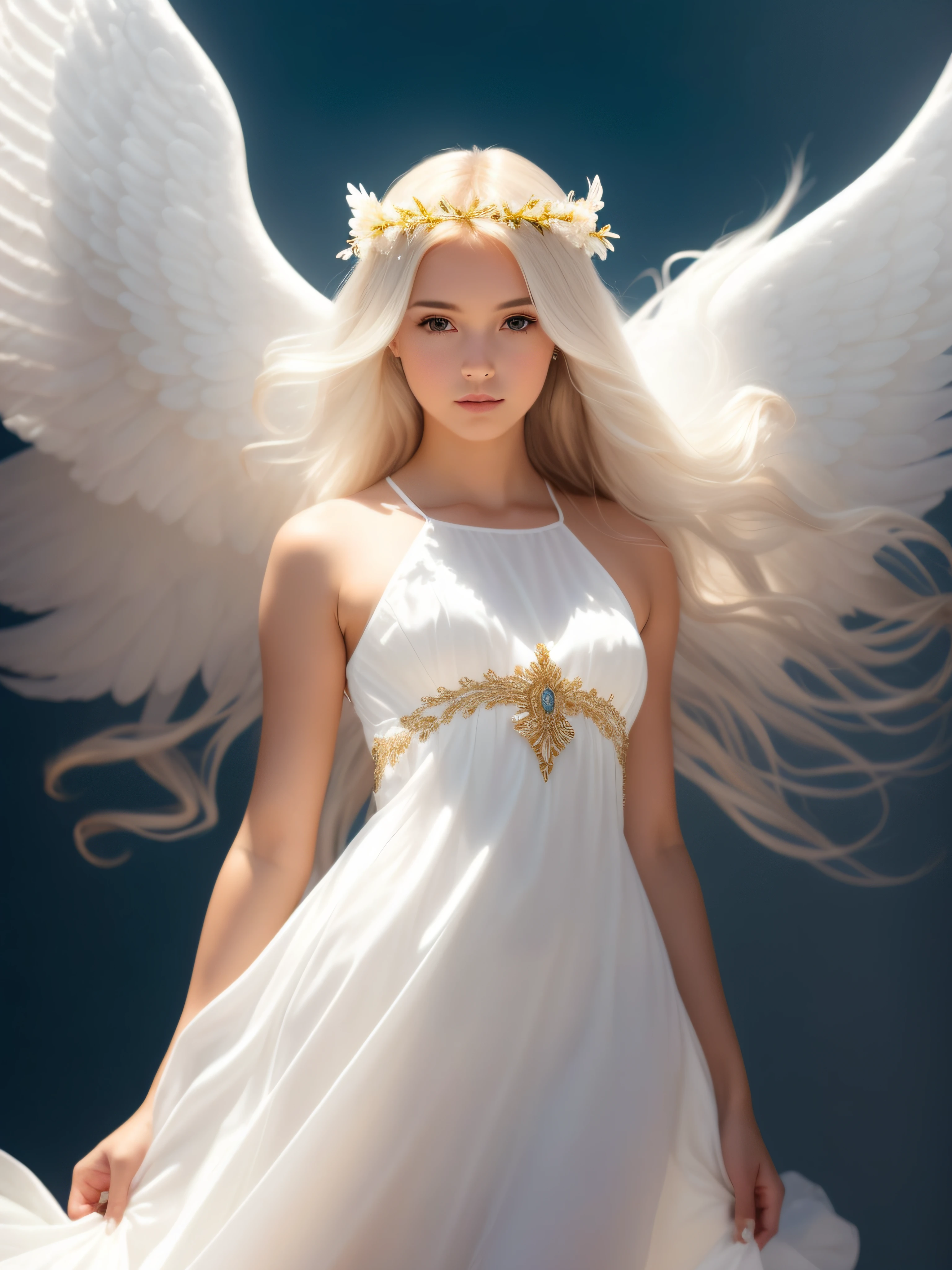 Hay una mujer con cabello blanco y un vestido blanco con detalles dorados, beautiful angel, of beautiful angel, of an beautiful angel girl, beautiful female angel, portrait of a beautiful angel, full - body majestic angel, Ser angelicalal resplandeciente, tall female angel, ethereal angelic being of light, angelical, beautiful angel girl portrait, angel girl, a stunning young ethereal figure