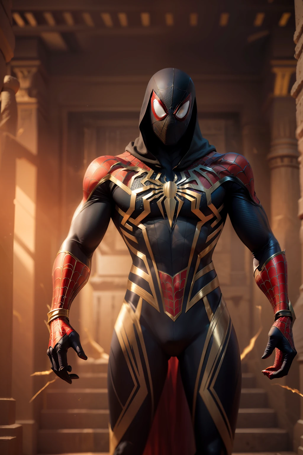 Ancient Egyptian (Spider man),  full body photography, evil eyes, black and golden suit, soft skin, dynamic posture, soft light, film texture, virtual engine, advanced detail processing, ultra realistic 8k, styles for printing, cinematic lighting, high contrast, glowing highlights, photorealistic